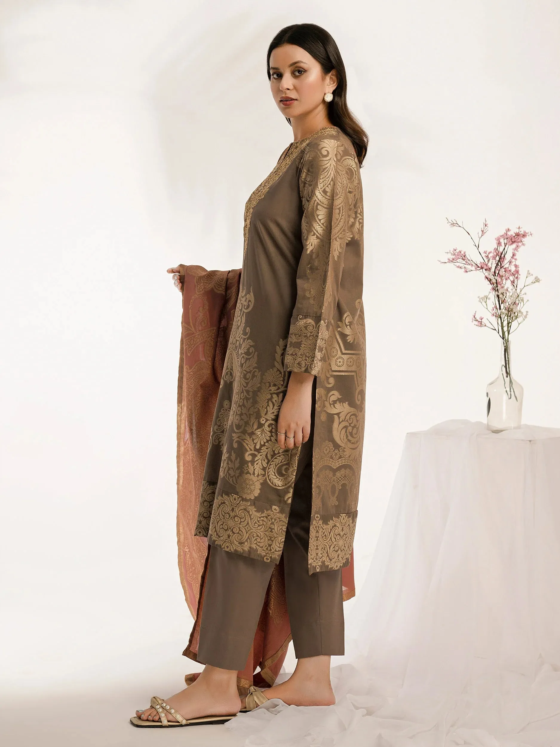 Limelight Brown Jacquard Embroidered 3-Piece Suit (P8772SU)