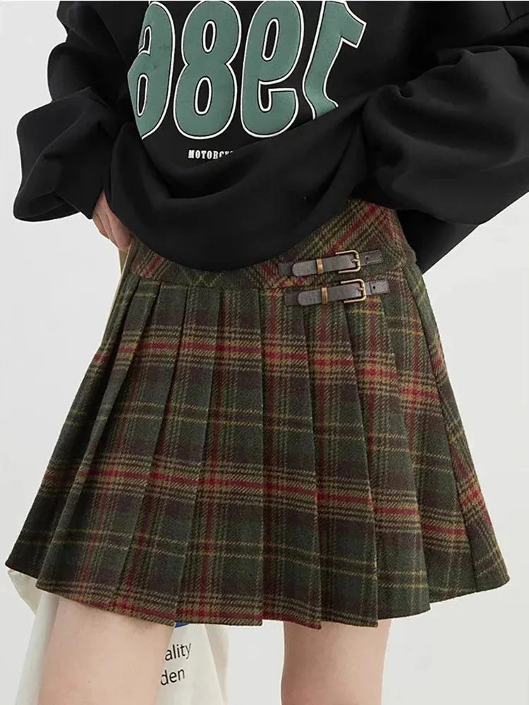 LVSANW CHIC VEN Women Skirts High Waist New British College Style Wool Plaid A-line Skirt Pleated Skirt Spring Autumn 2024