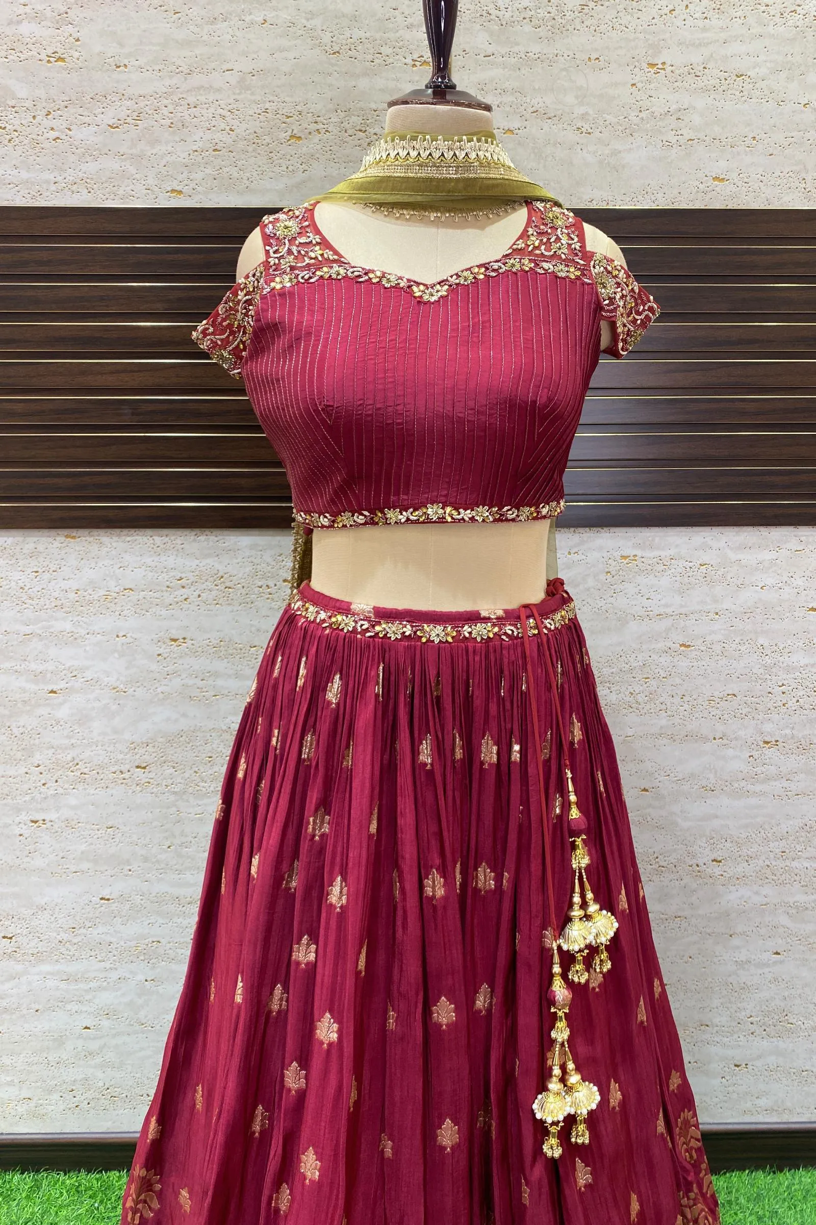 Maroon Zardozi, Beads and Stone work with Banaras Weaving Crop Top Lehenga