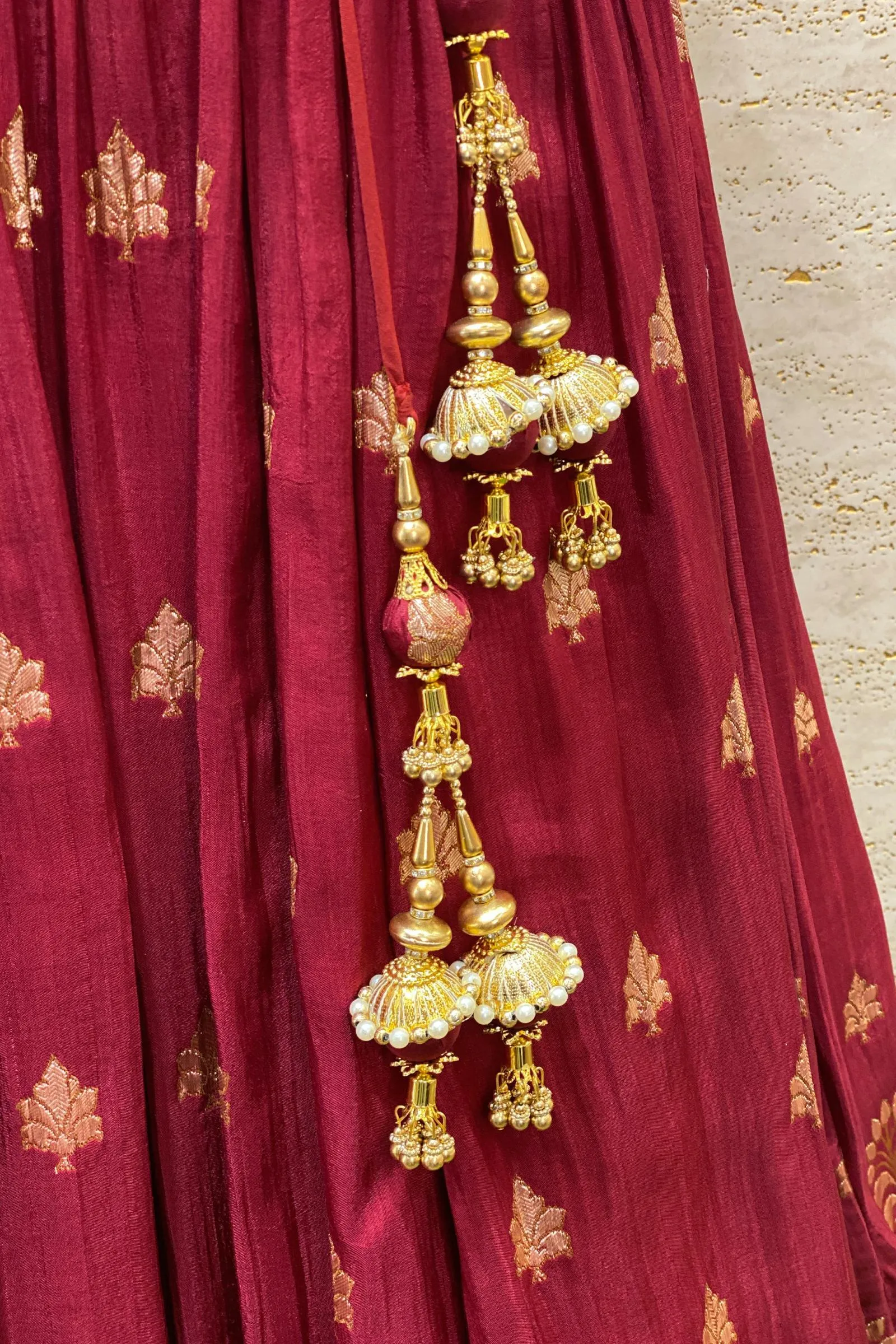 Maroon Zardozi, Beads and Stone work with Banaras Weaving Crop Top Lehenga