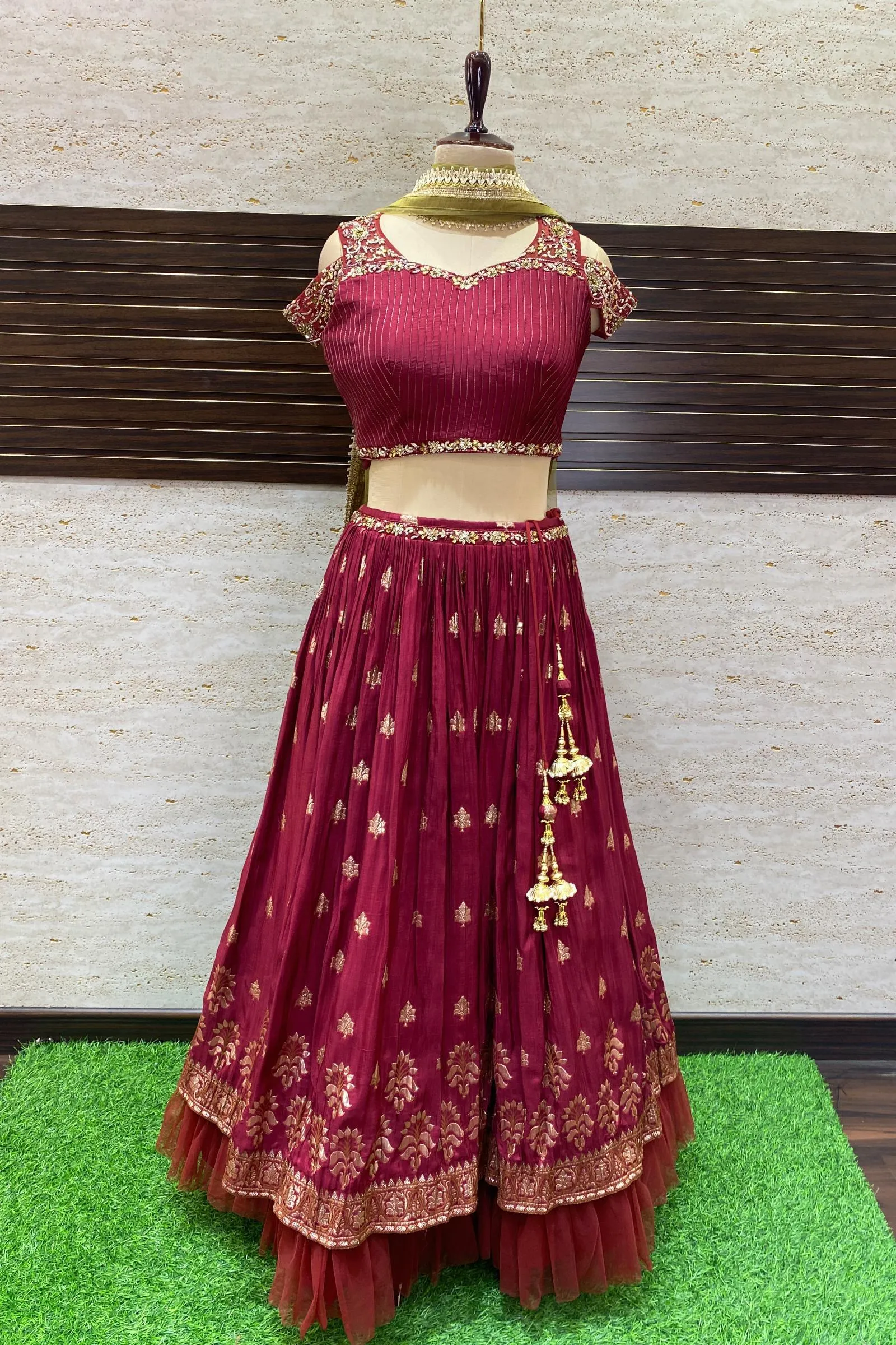 Maroon Zardozi, Beads and Stone work with Banaras Weaving Crop Top Lehenga