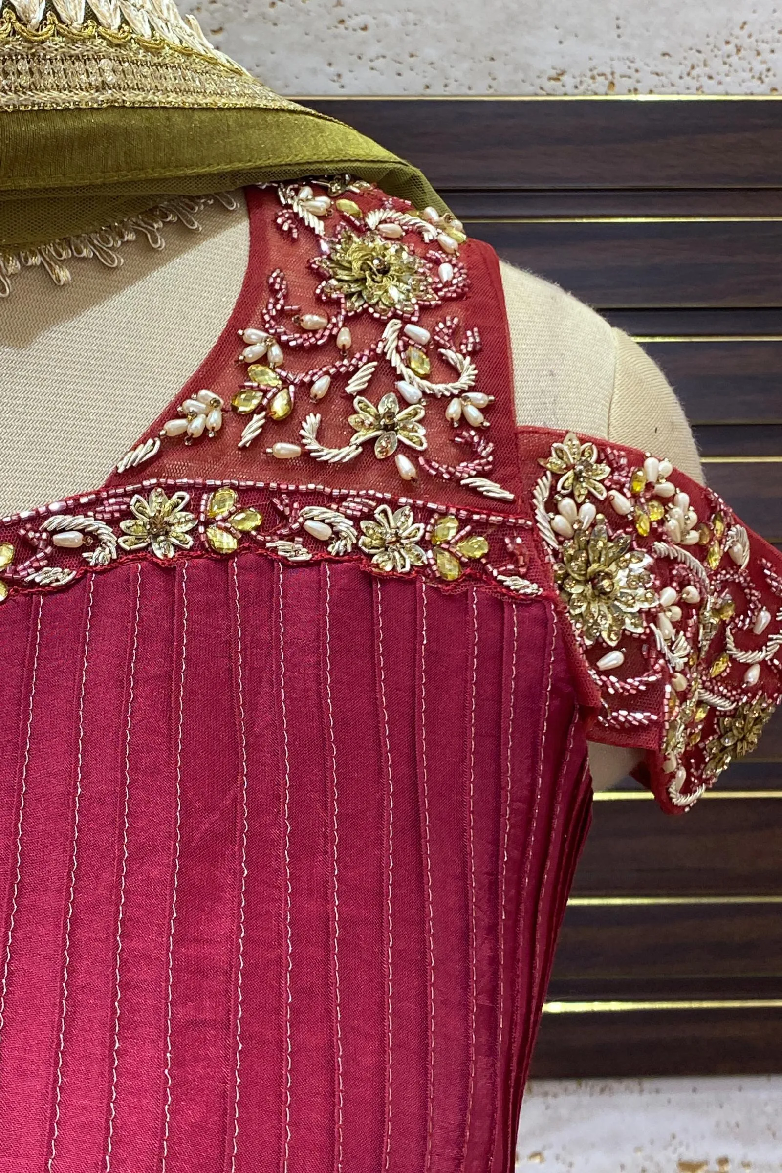 Maroon Zardozi, Beads and Stone work with Banaras Weaving Crop Top Lehenga