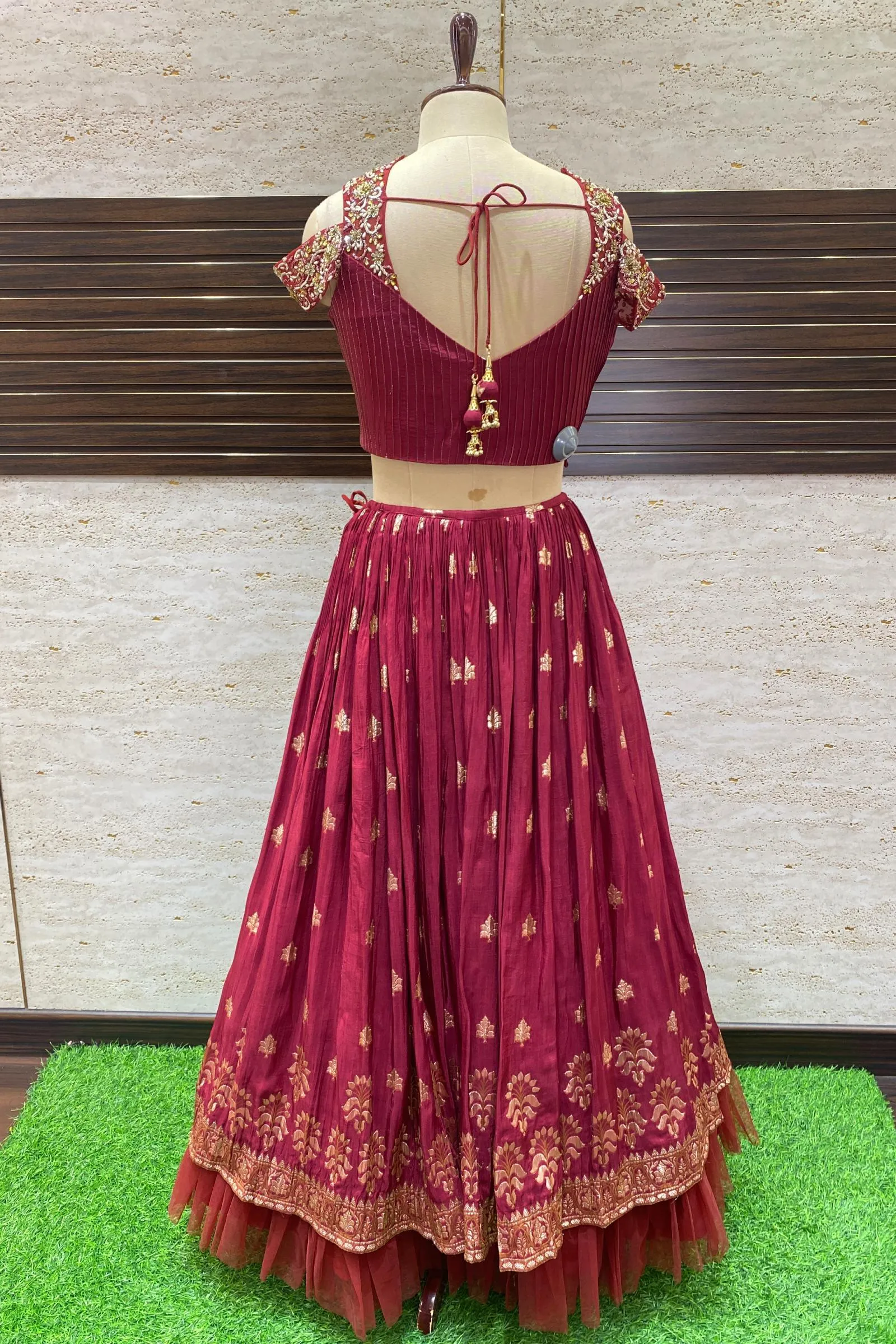 Maroon Zardozi, Beads and Stone work with Banaras Weaving Crop Top Lehenga