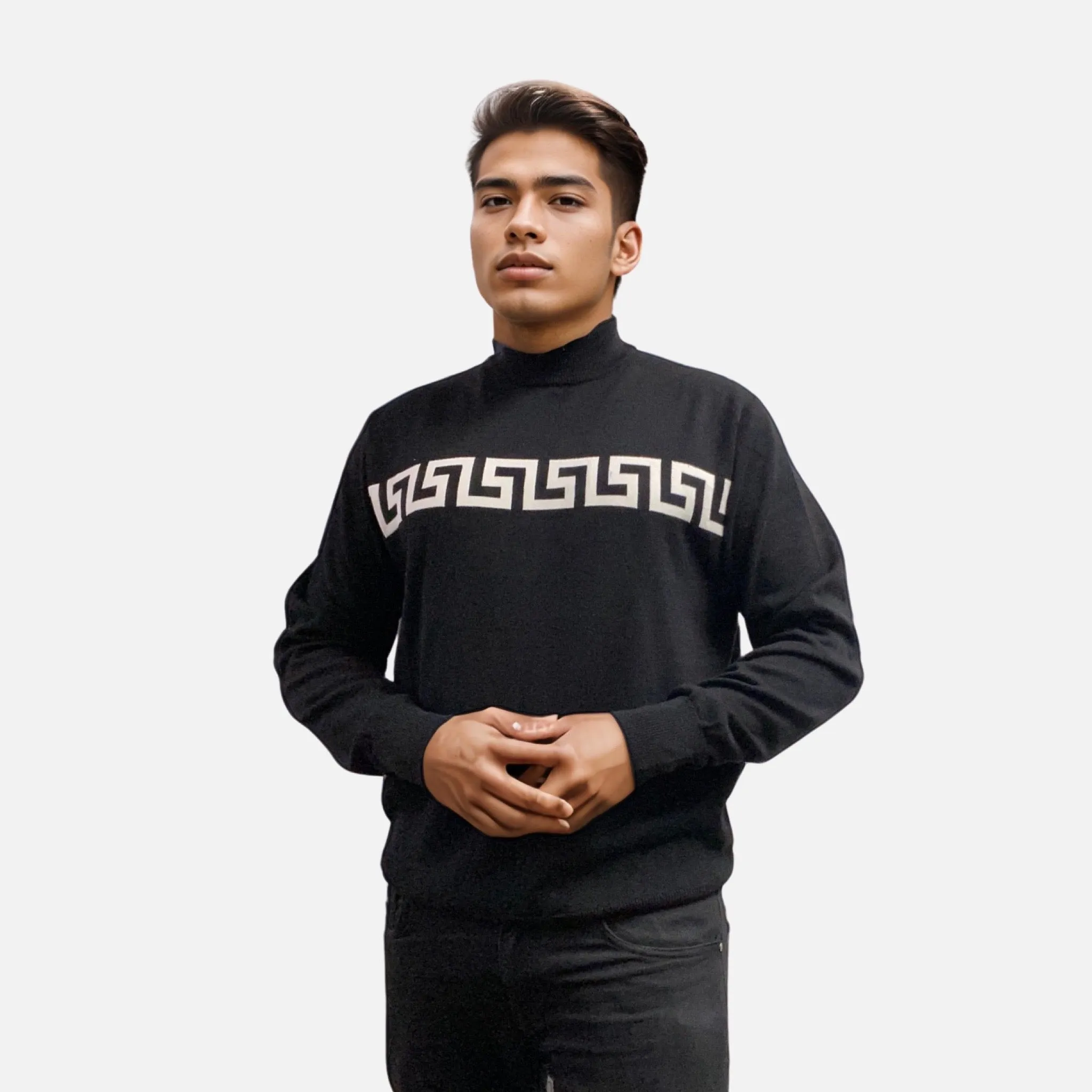 Men's Black Mock Neck Sweater with White Greek Key Pattern | Clearance