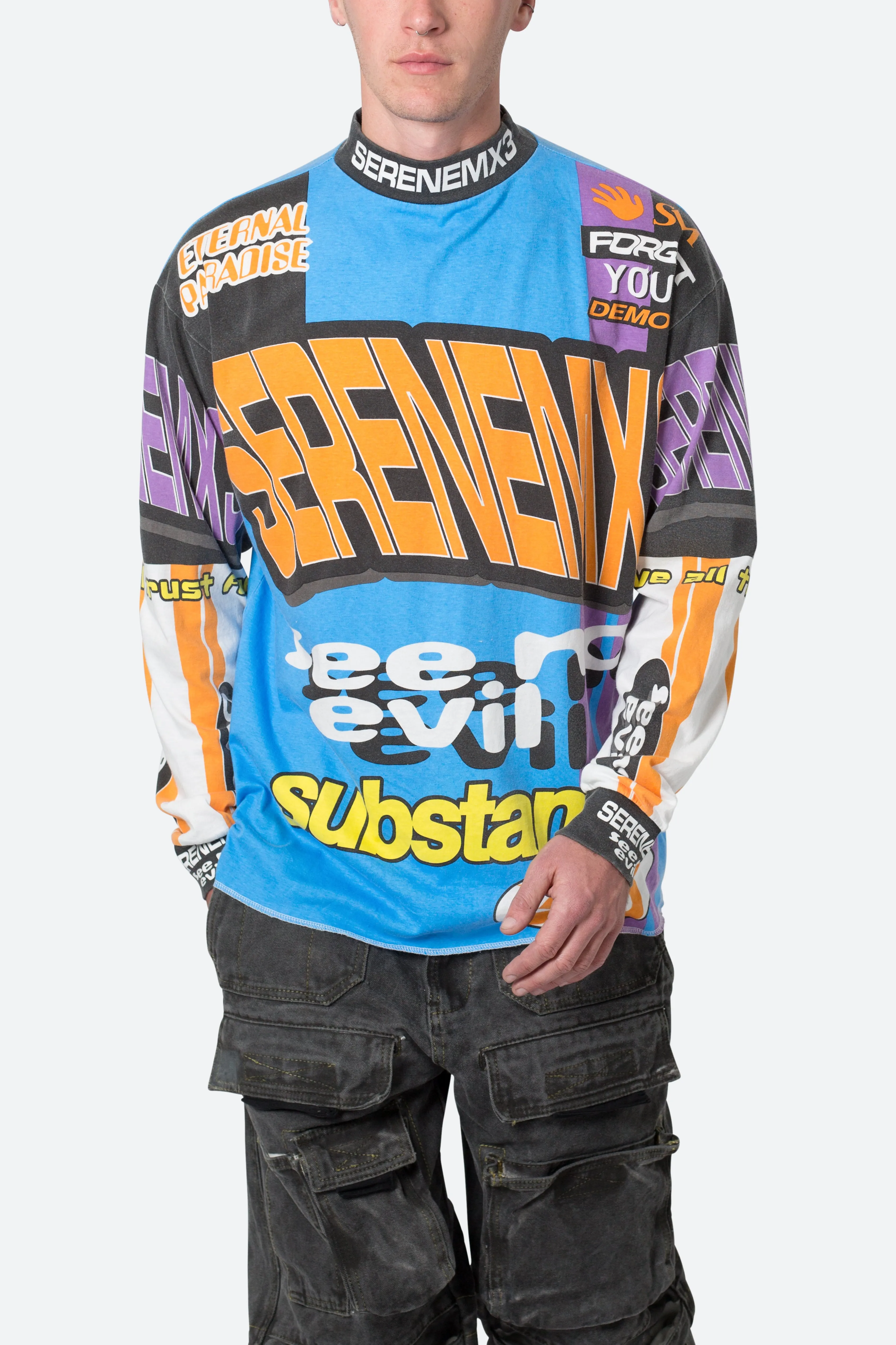 Mock Neck Motocross L/S Tee - Blue/Multi