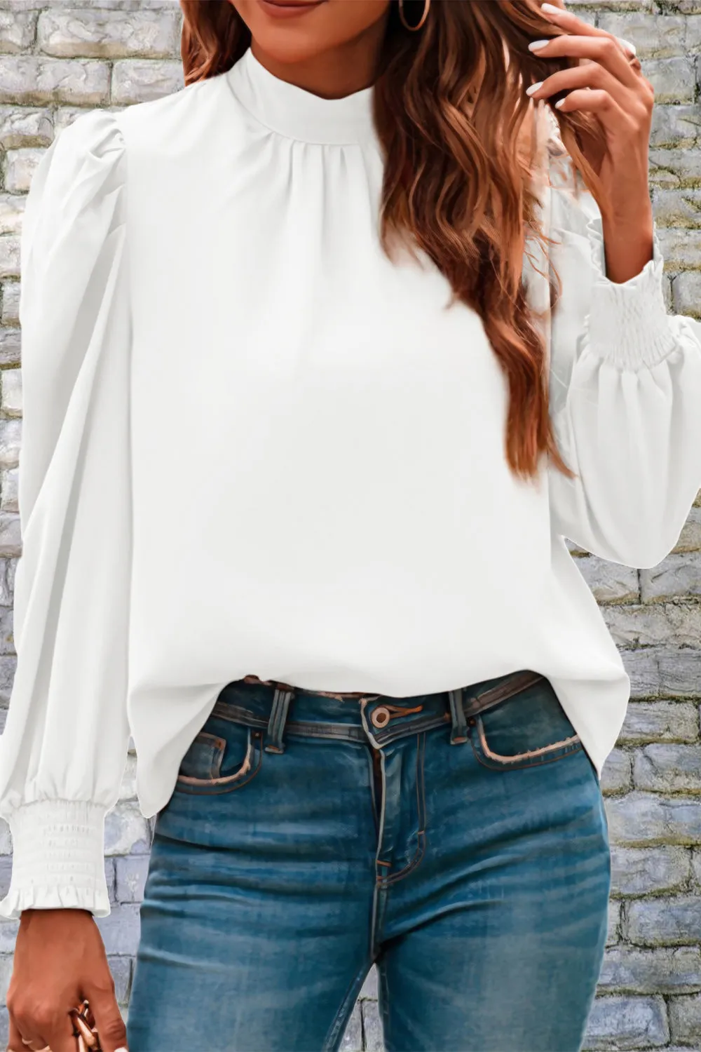 Mock Neck Puff Sleeve Blouse