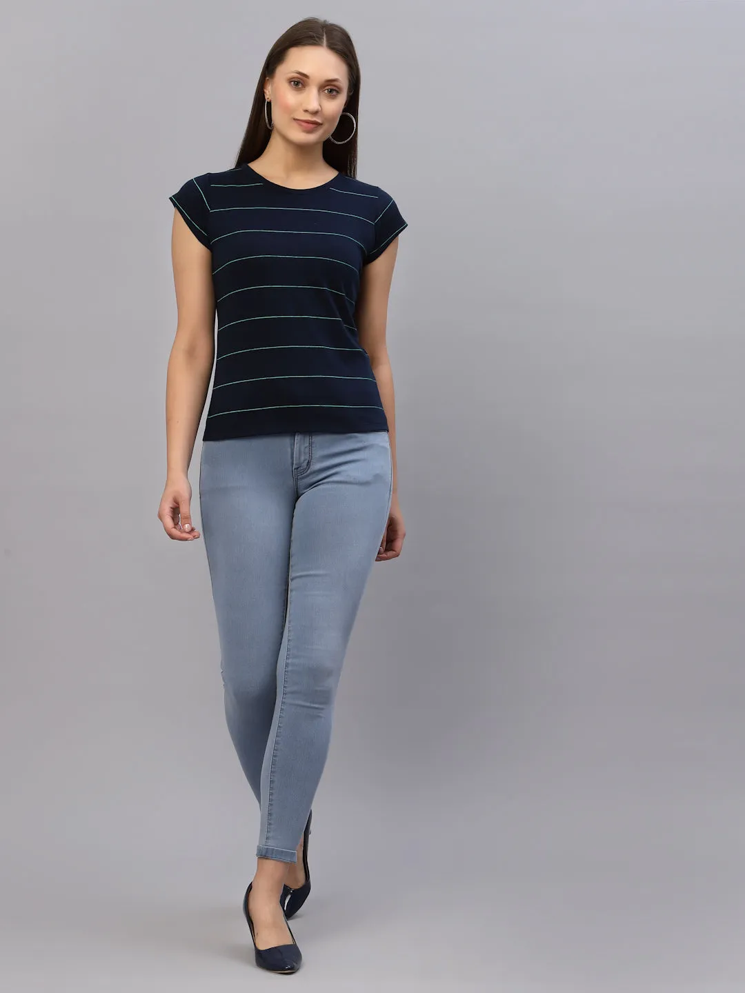 Navy Blue Stripes Round Neck Top