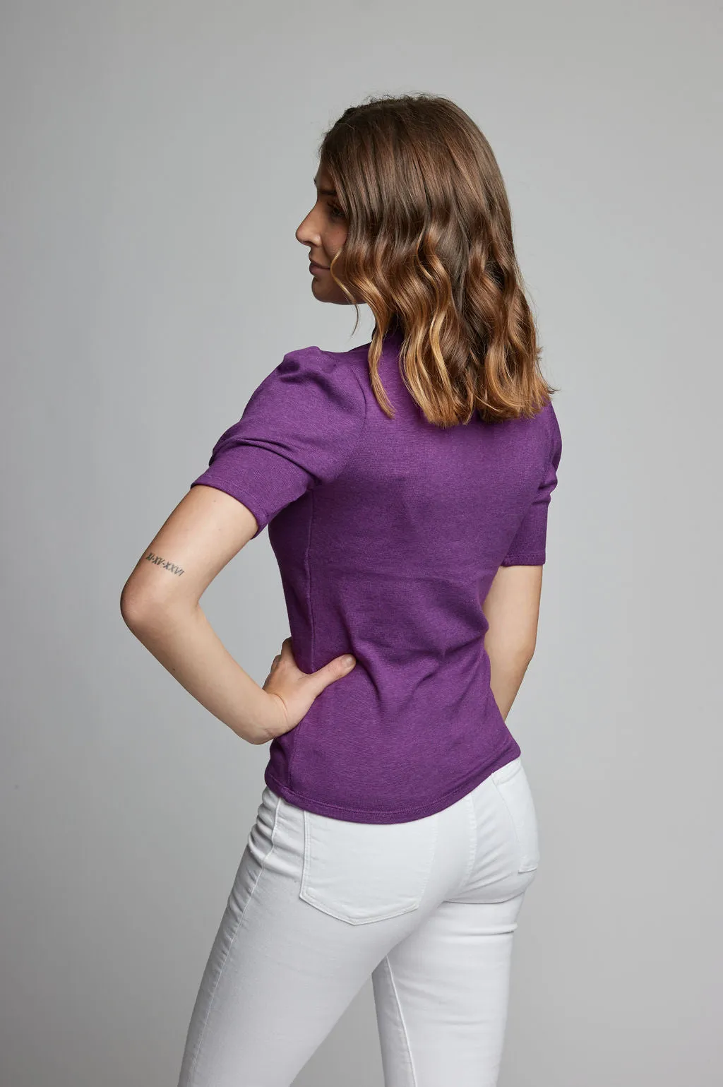 New! Elbow Puff Sleeve Mock Neck Top