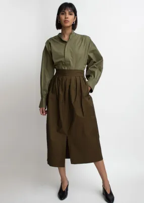 Olive Cotton Slit Midi Skirt