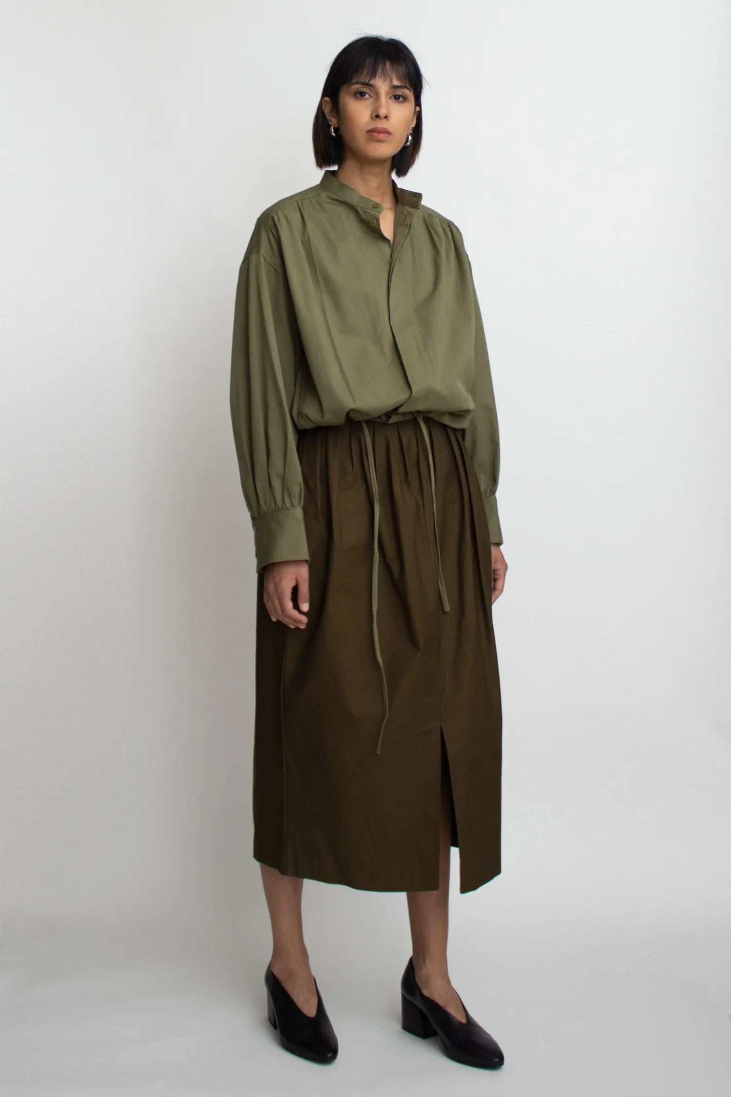 Olive Cotton Slit Midi Skirt