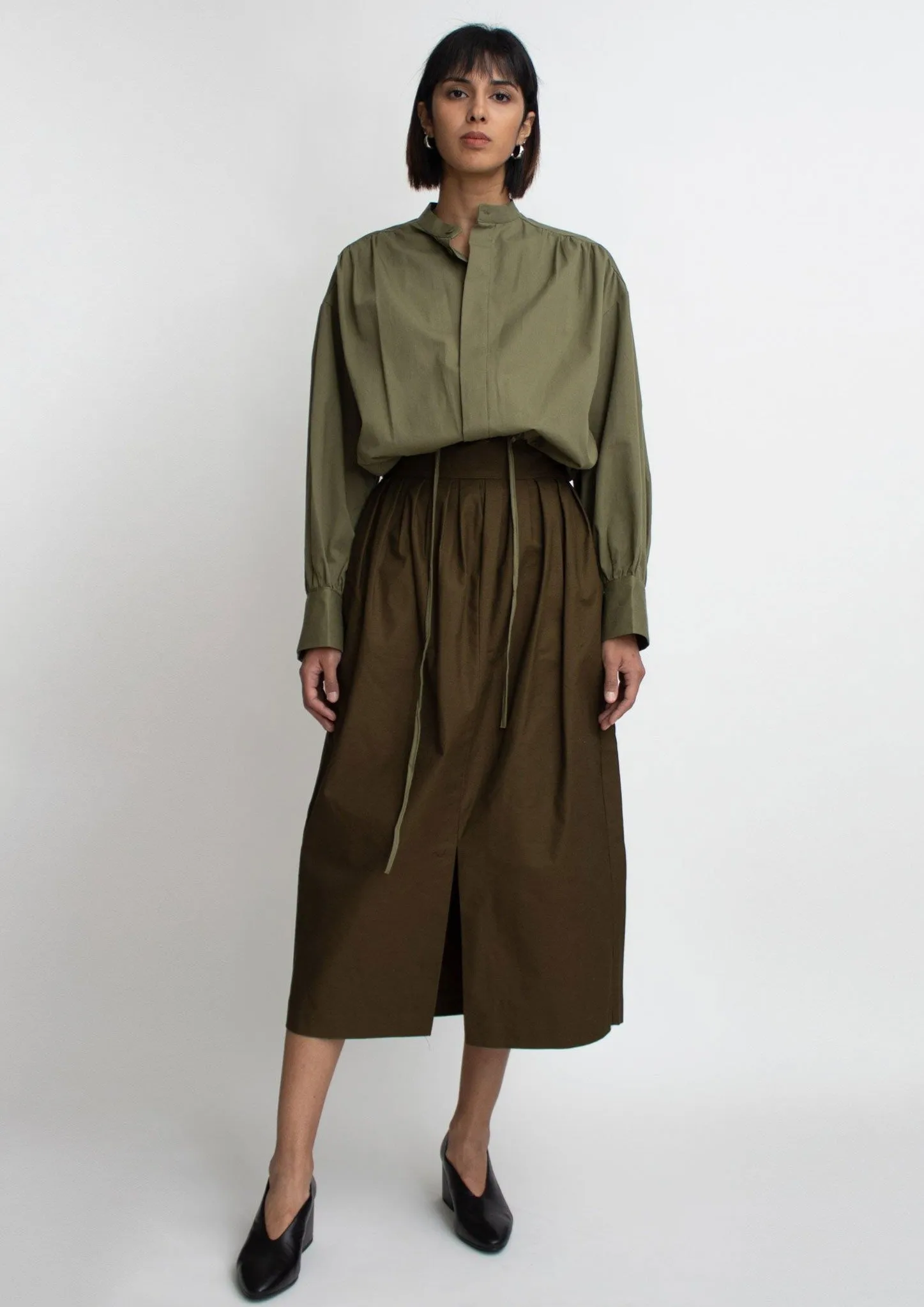 Olive Cotton Slit Midi Skirt