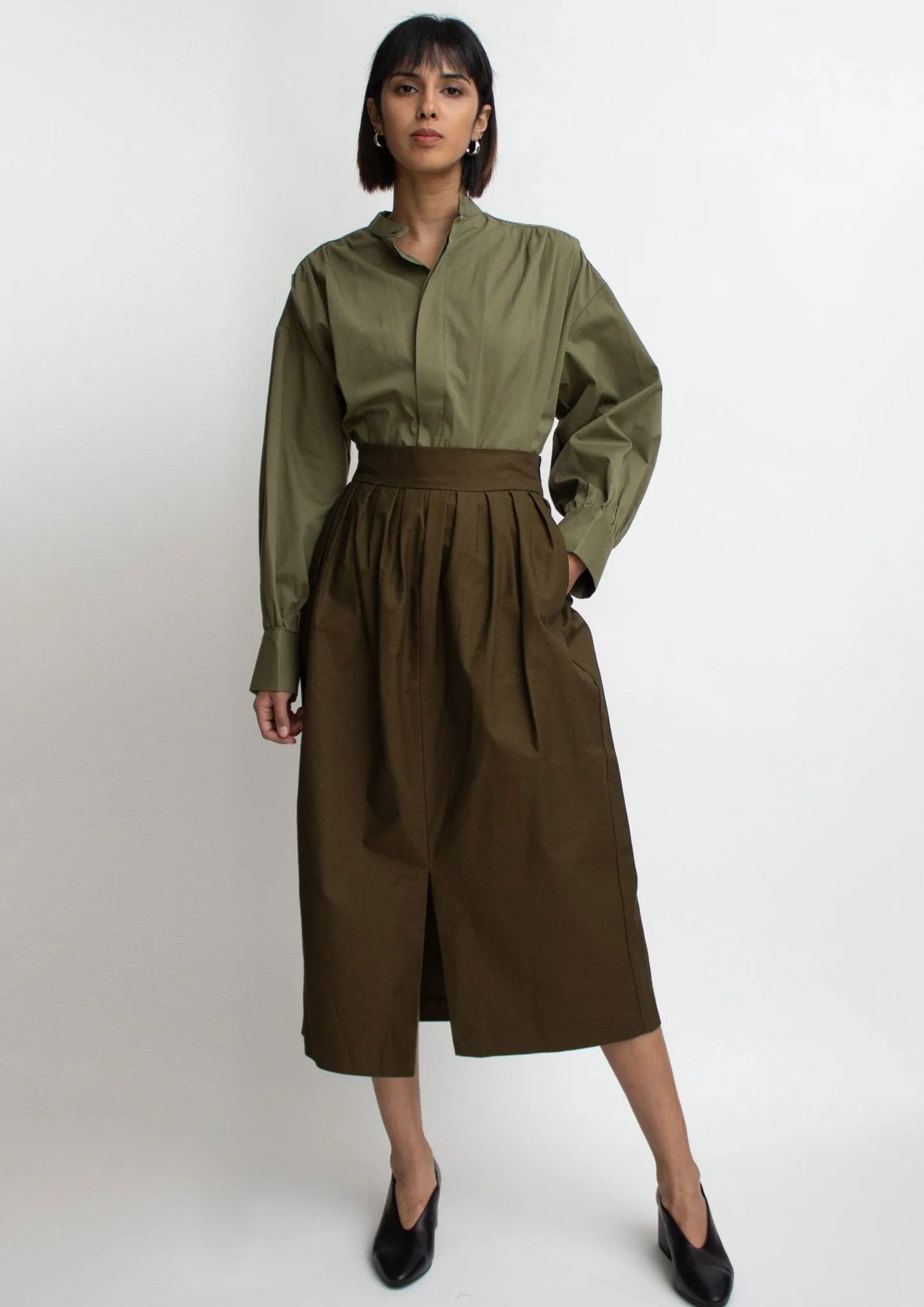 Olive Cotton Slit Midi Skirt