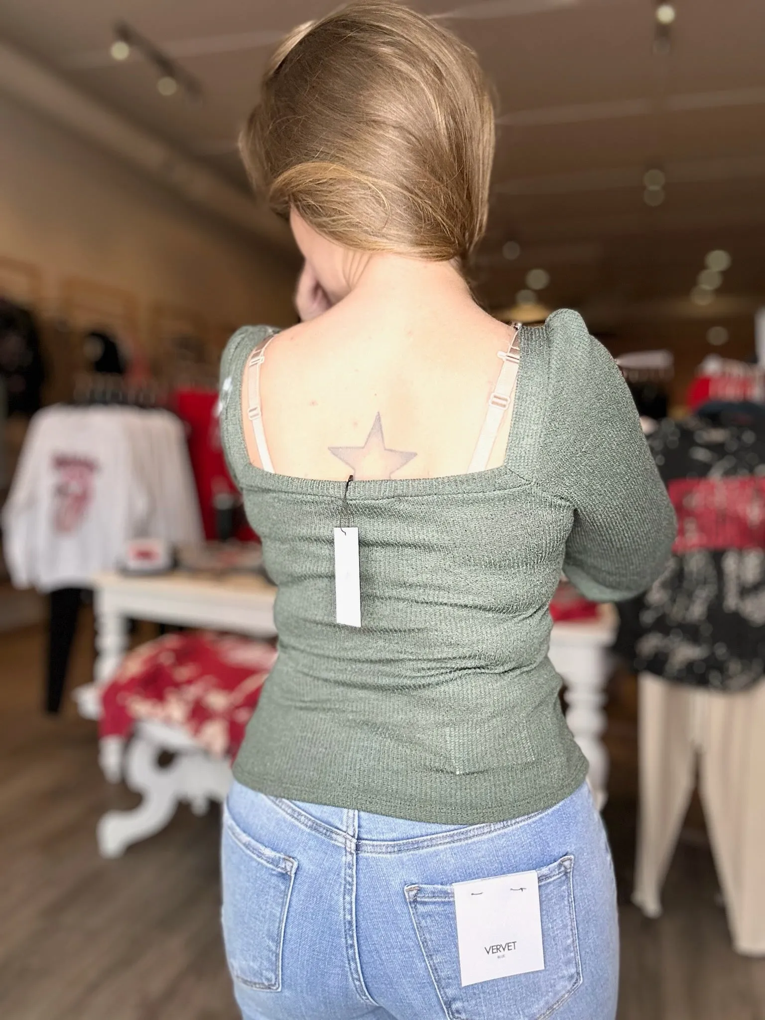 Olive Long Puff Sleeve Rib Top