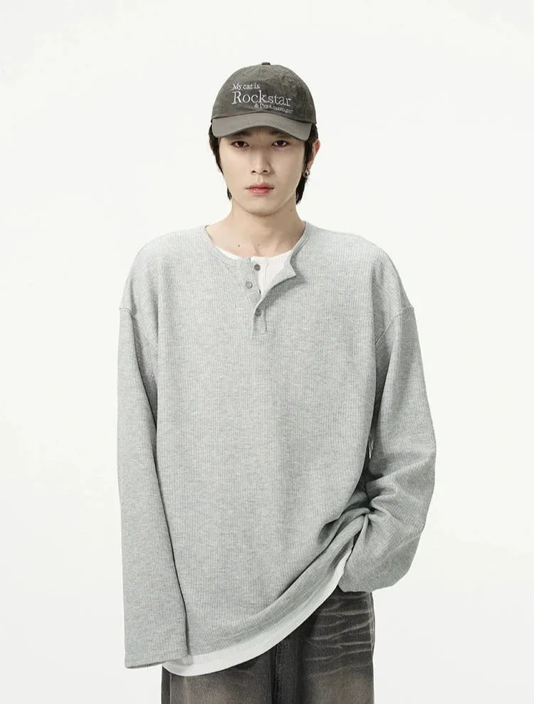 Oversized Mock-Layered Ribbed Knit Henley Top