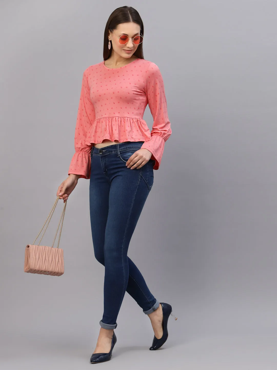 Peach Printed Peplum Top