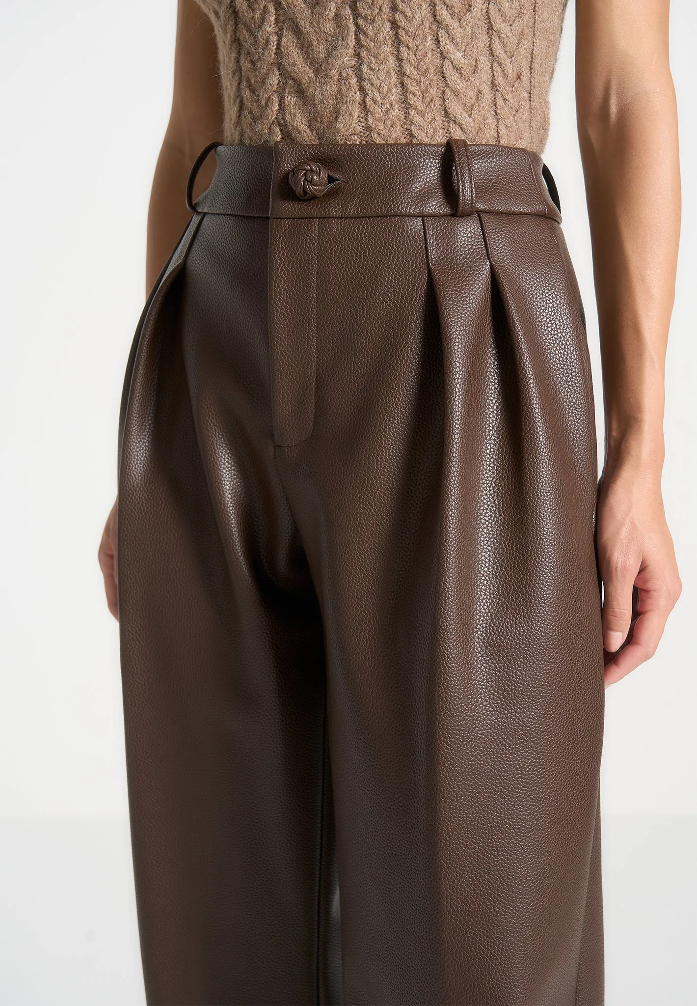 Pebbled Leather Pleated Stacked Trousers - Brown