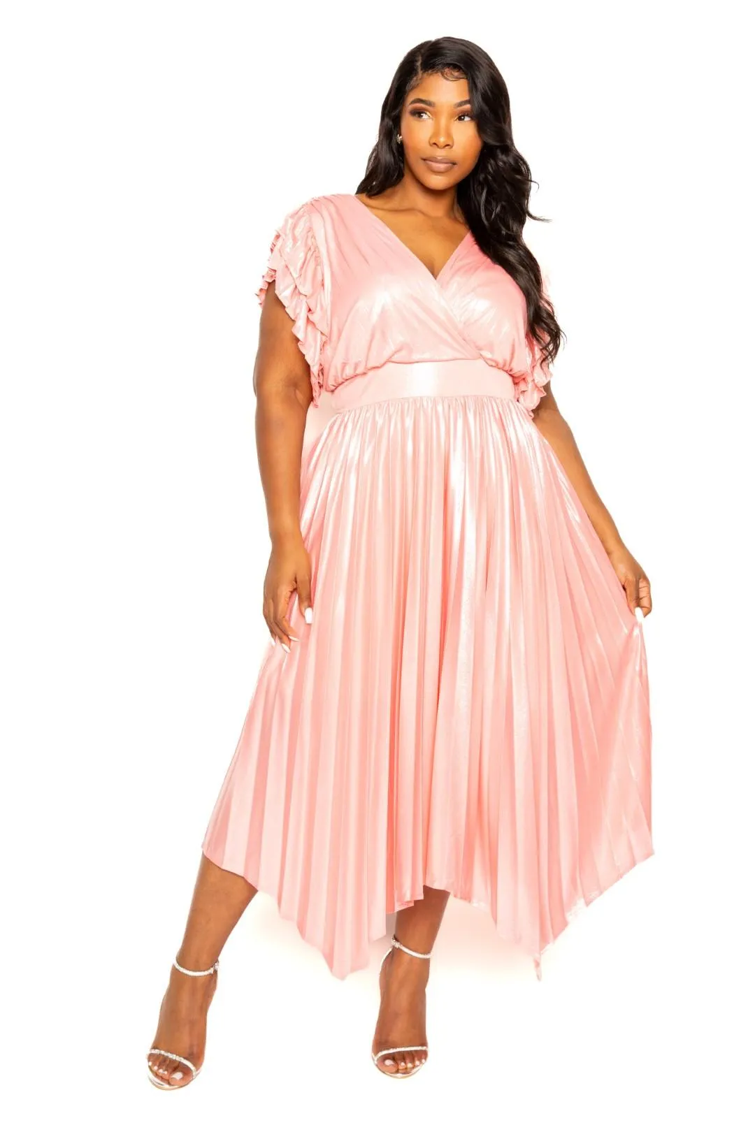 Pleated Flutter Sleeve Dress