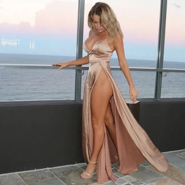 Rose Gold Spaghetti Double Split Maxi Satin Dress Gowns Backless