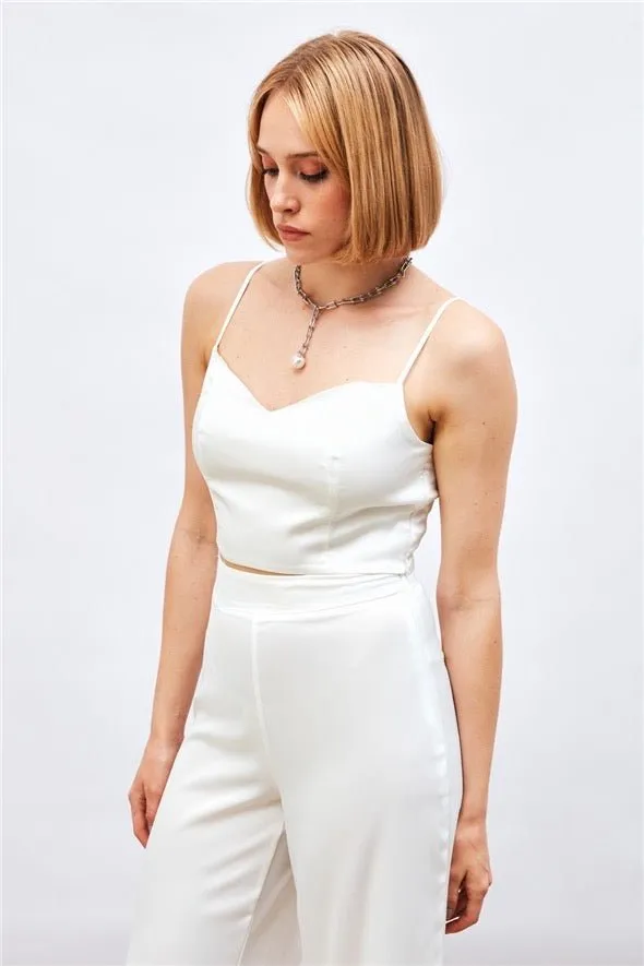 Satin Crop Top  with String Straps - white