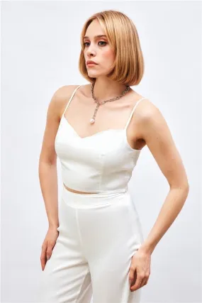 Satin Crop Top  with String Straps - white