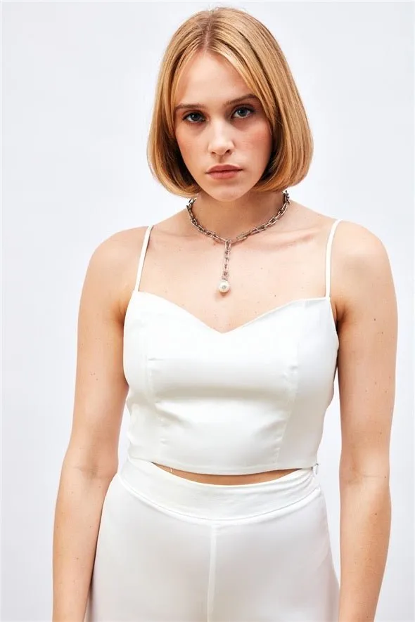 Satin Crop Top  with String Straps - white