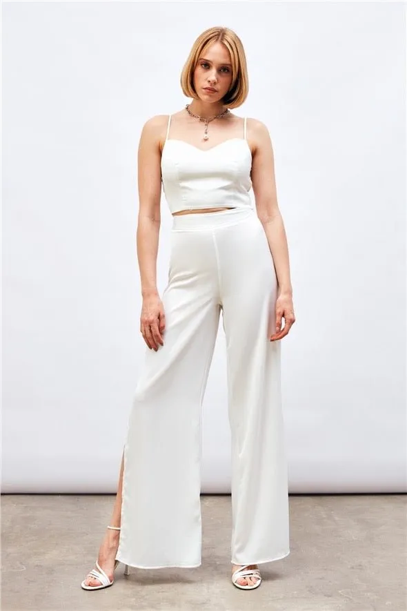 Satin Crop Top  with String Straps - white