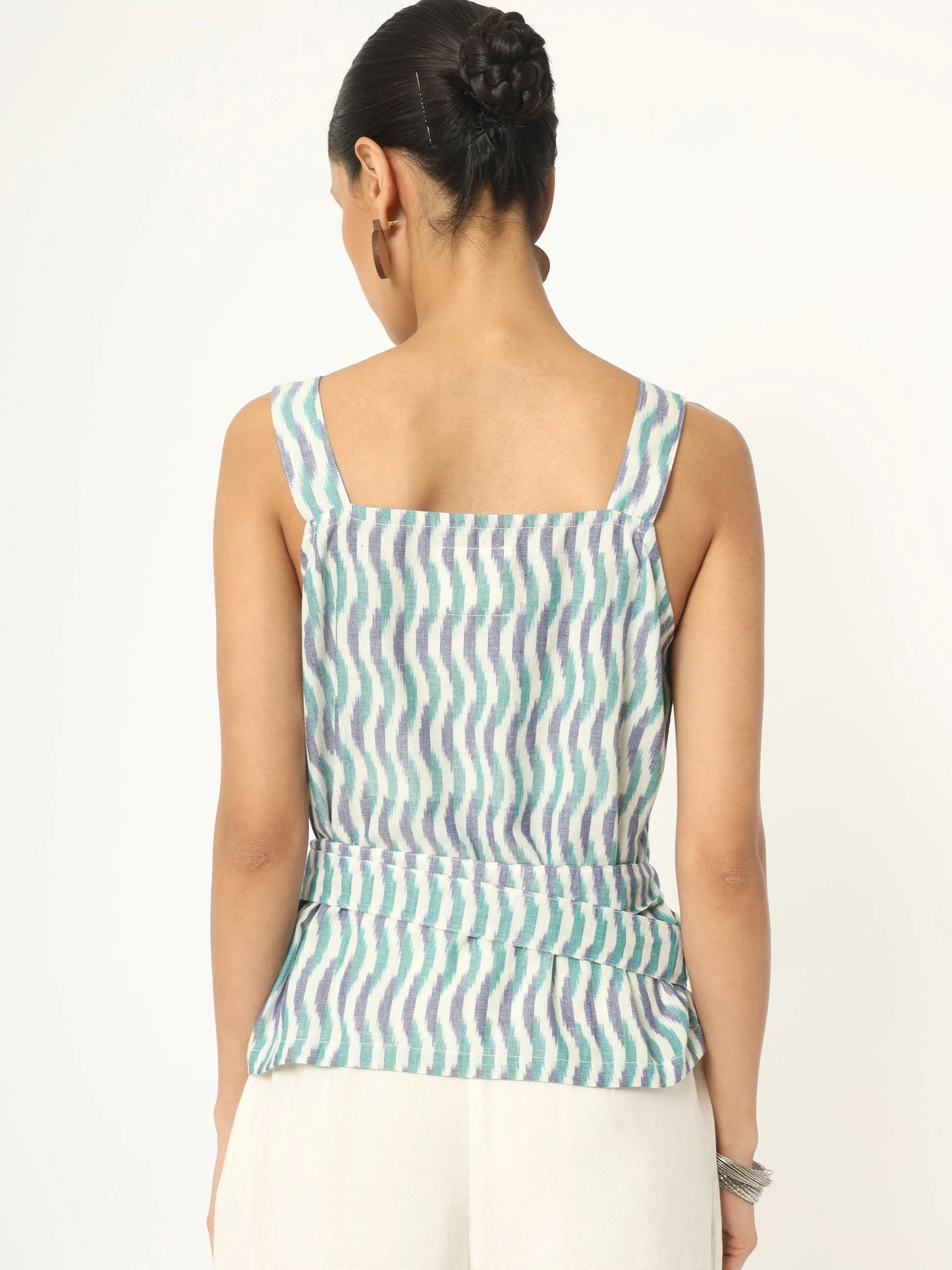 Side Bow White Ikat Top