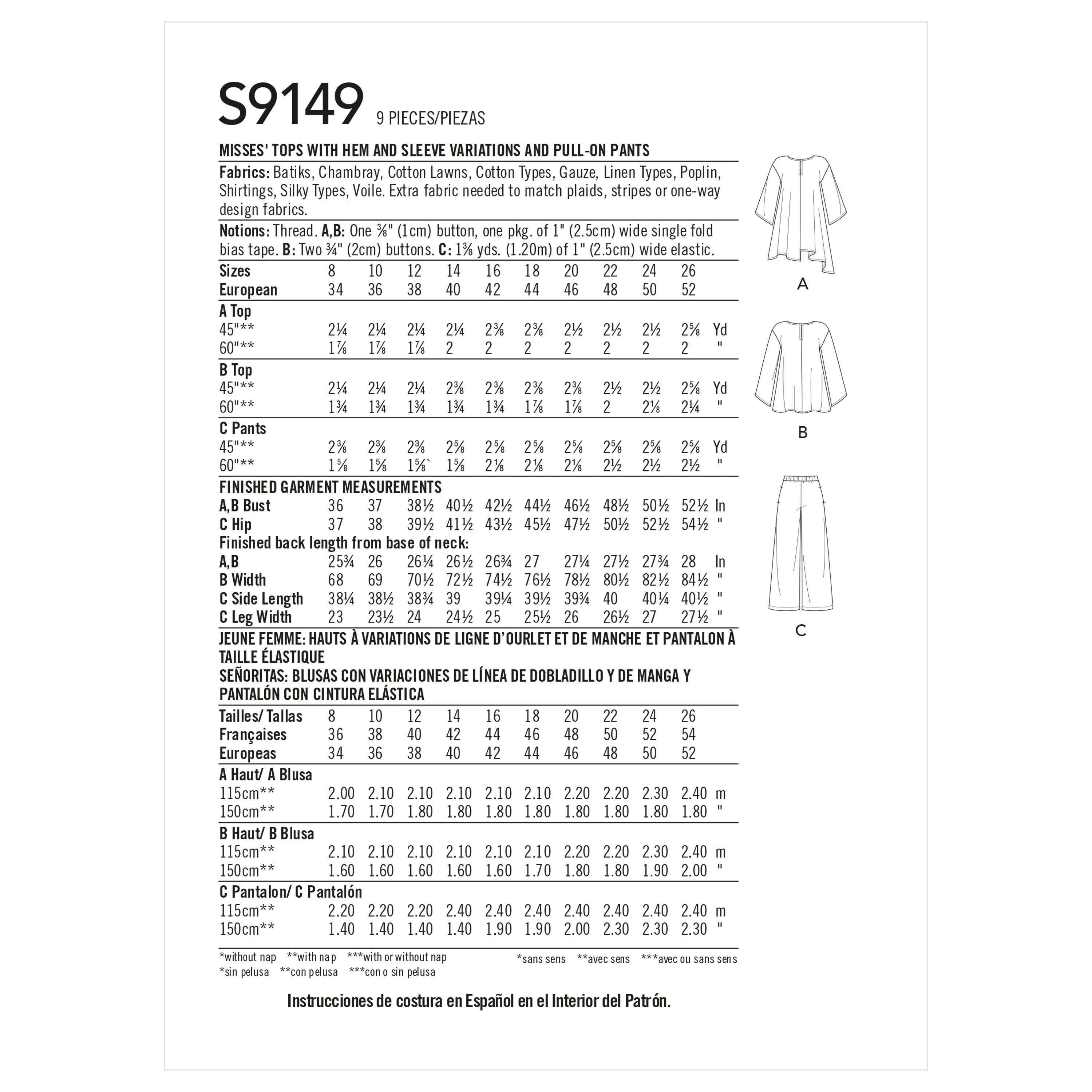 Simplicity Sewing Pattern S9149 Misses' Tops & Trousers