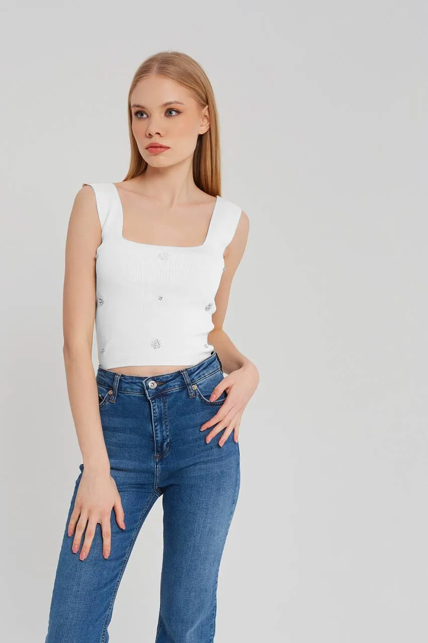 Stella Rhinestone Knit Crop Top - White