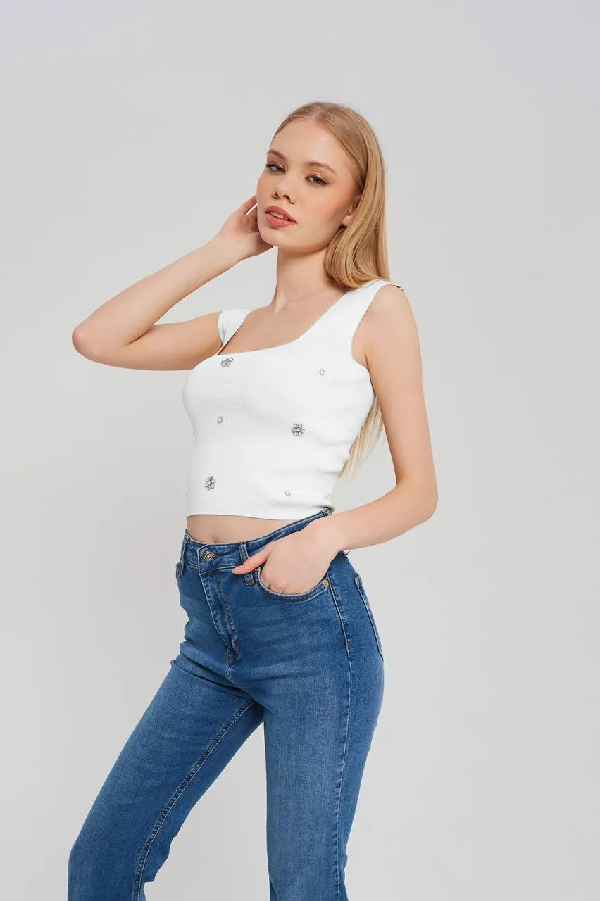 Stella Rhinestone Knit Crop Top - White