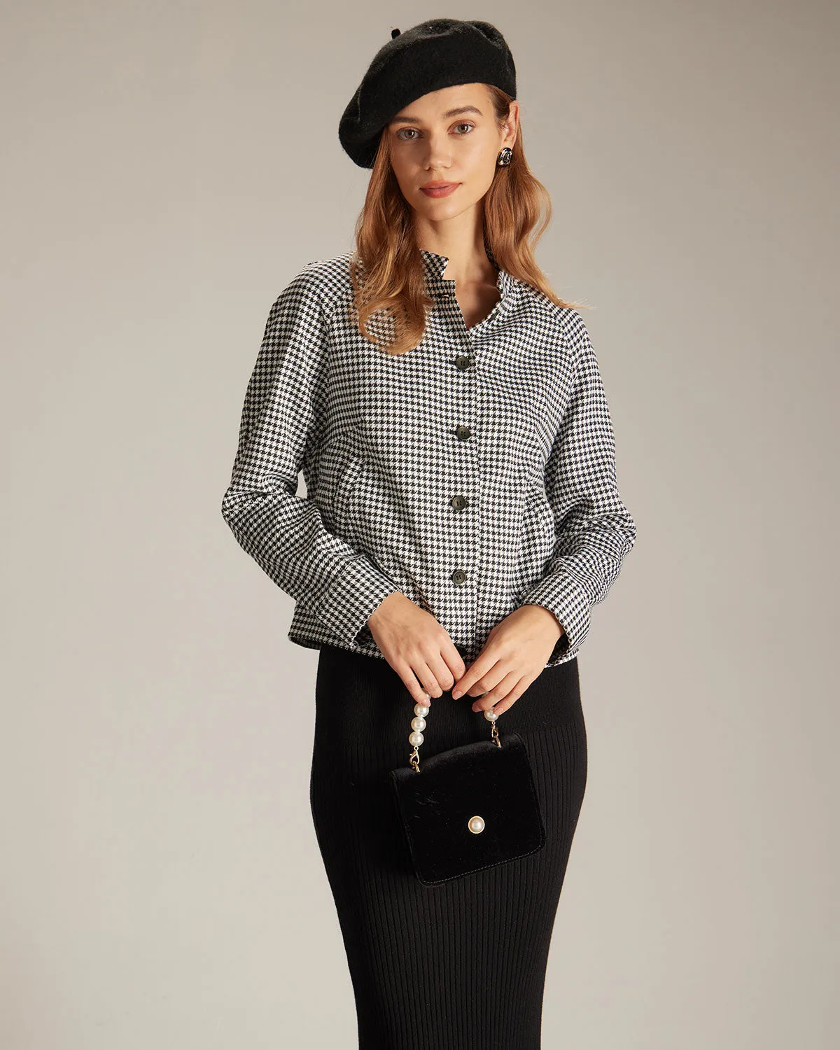 The Black Mock Neck Houndstooth Jacket