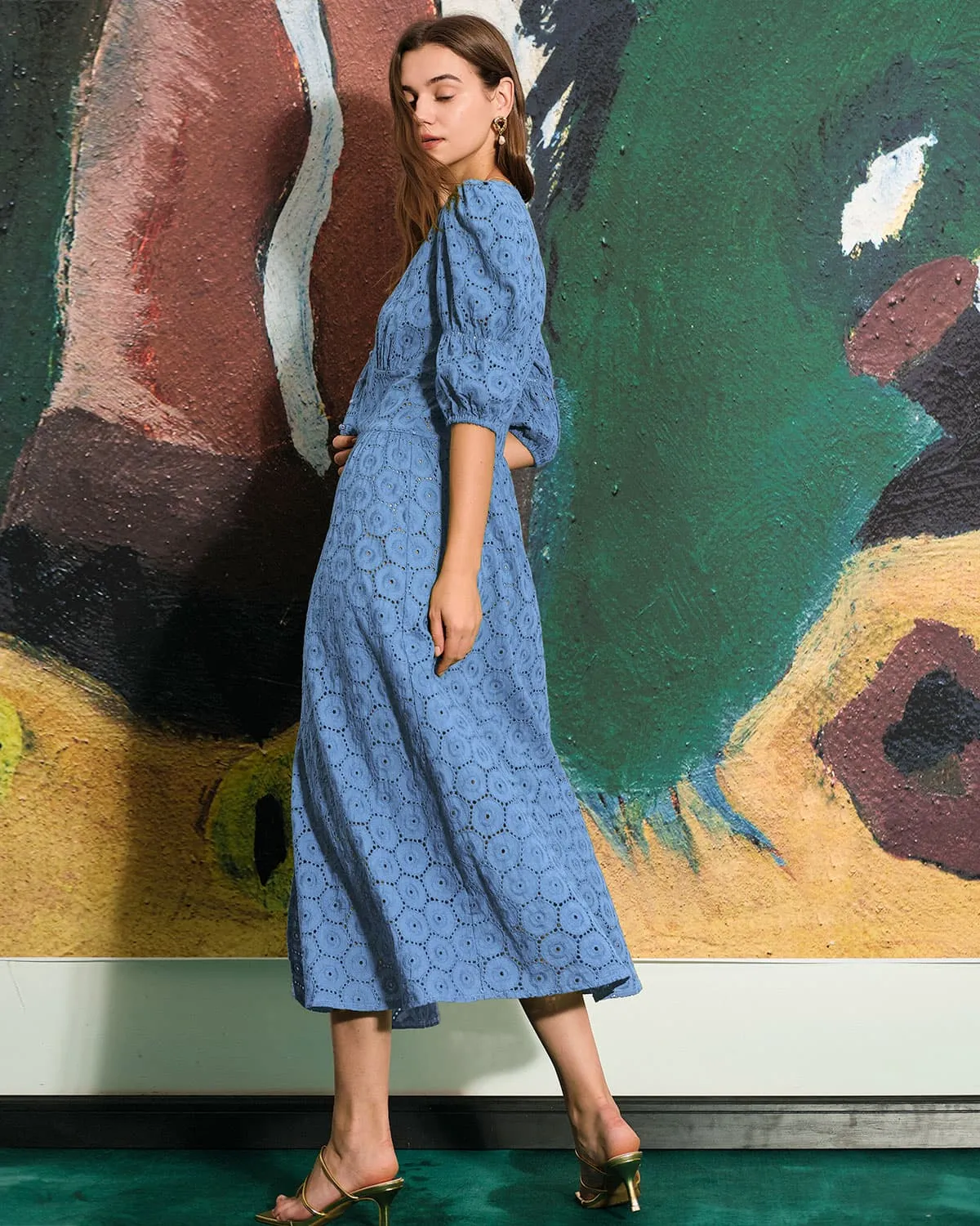 The Blue Puff Sleeve Cutout Slit Maxi Dress