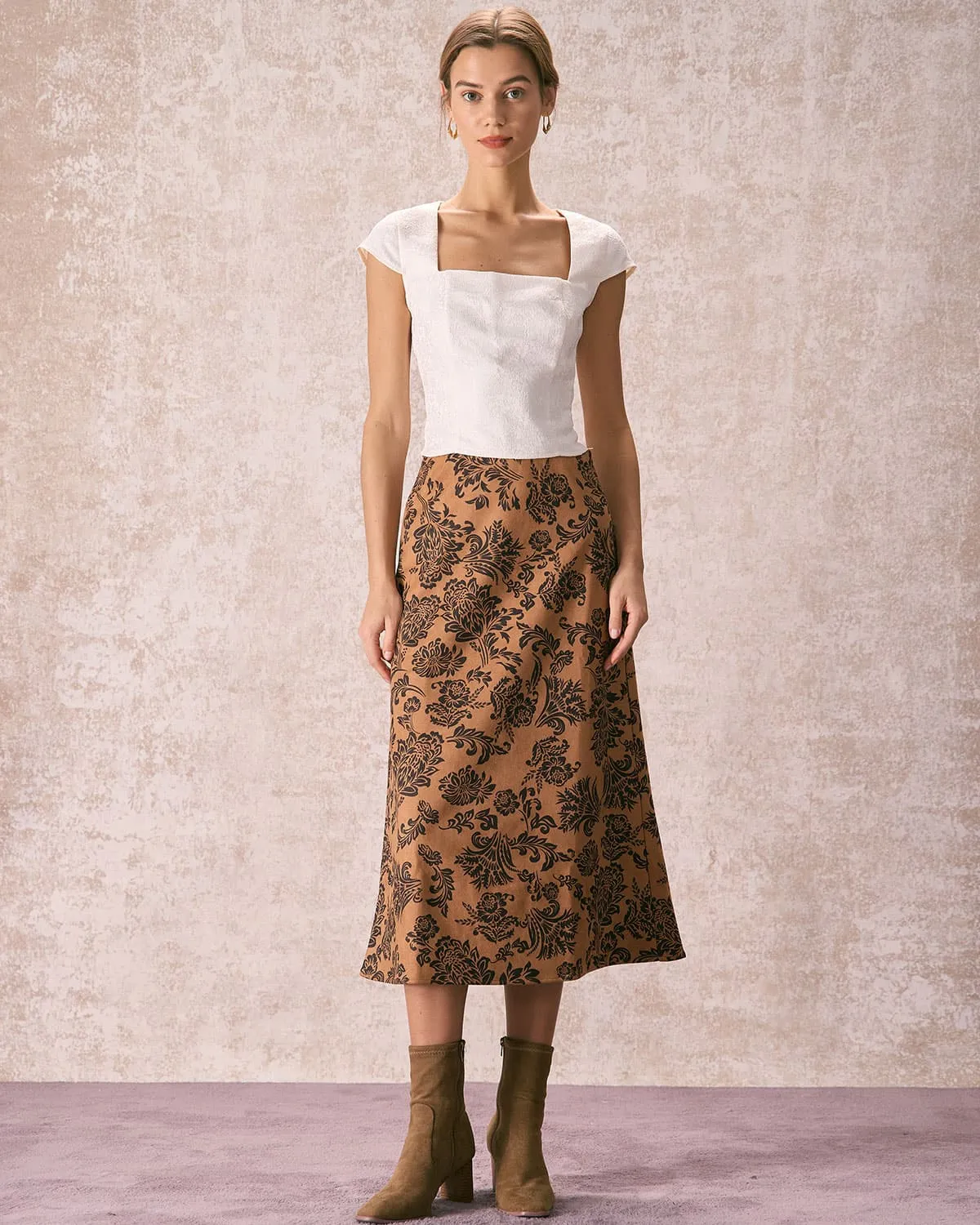 The Brown High Waist Floral Suede Midi Skirt