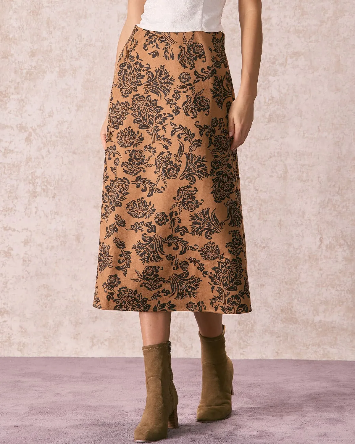 The Brown High Waist Floral Suede Midi Skirt