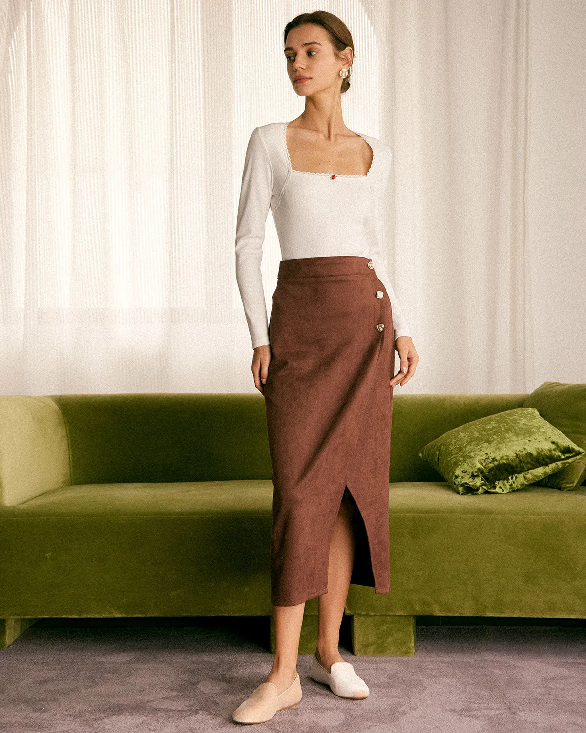 The Coffee High Waisted Suede Slit Midi Skirt