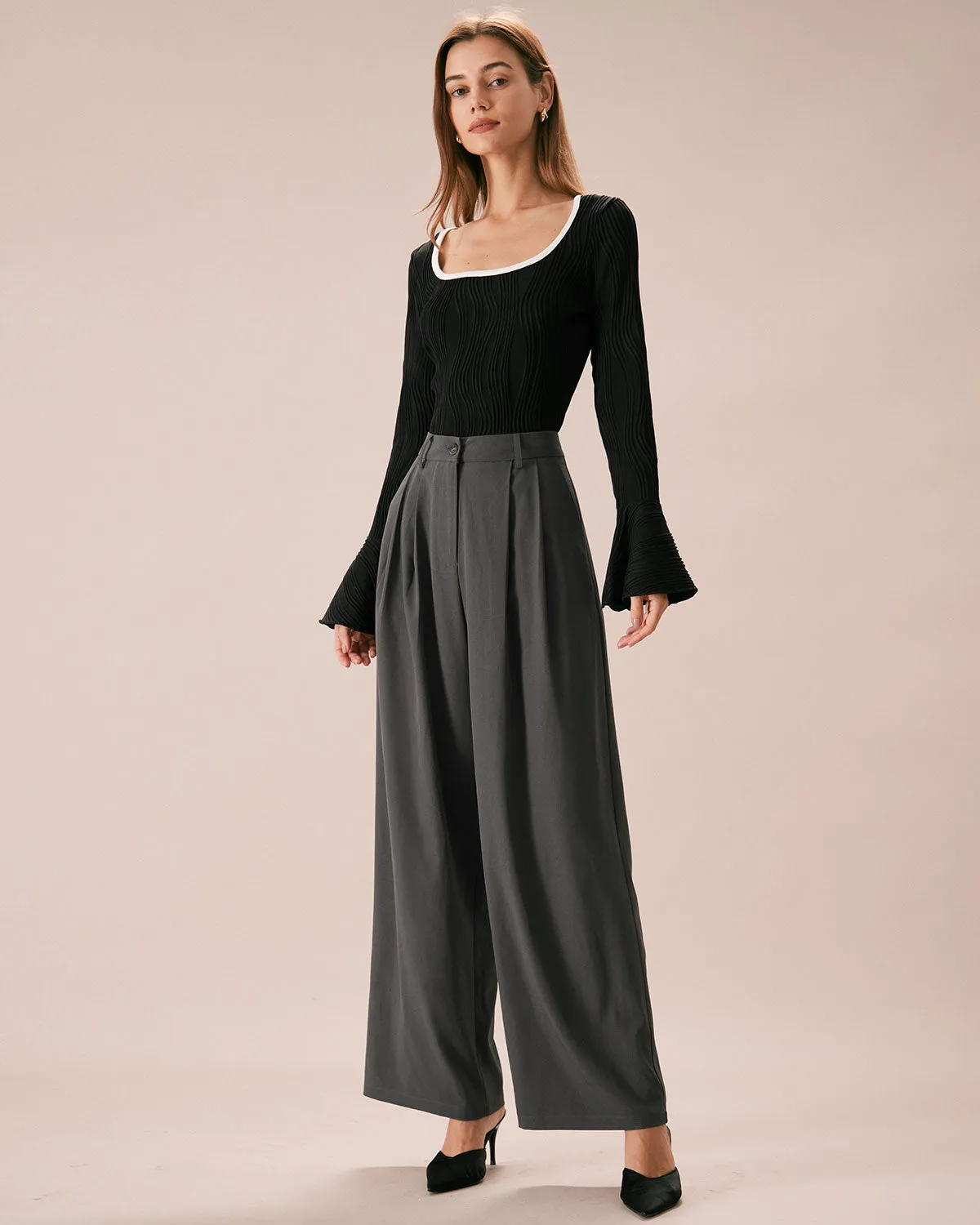 The Grey Pleated Button Fly Straight Pants