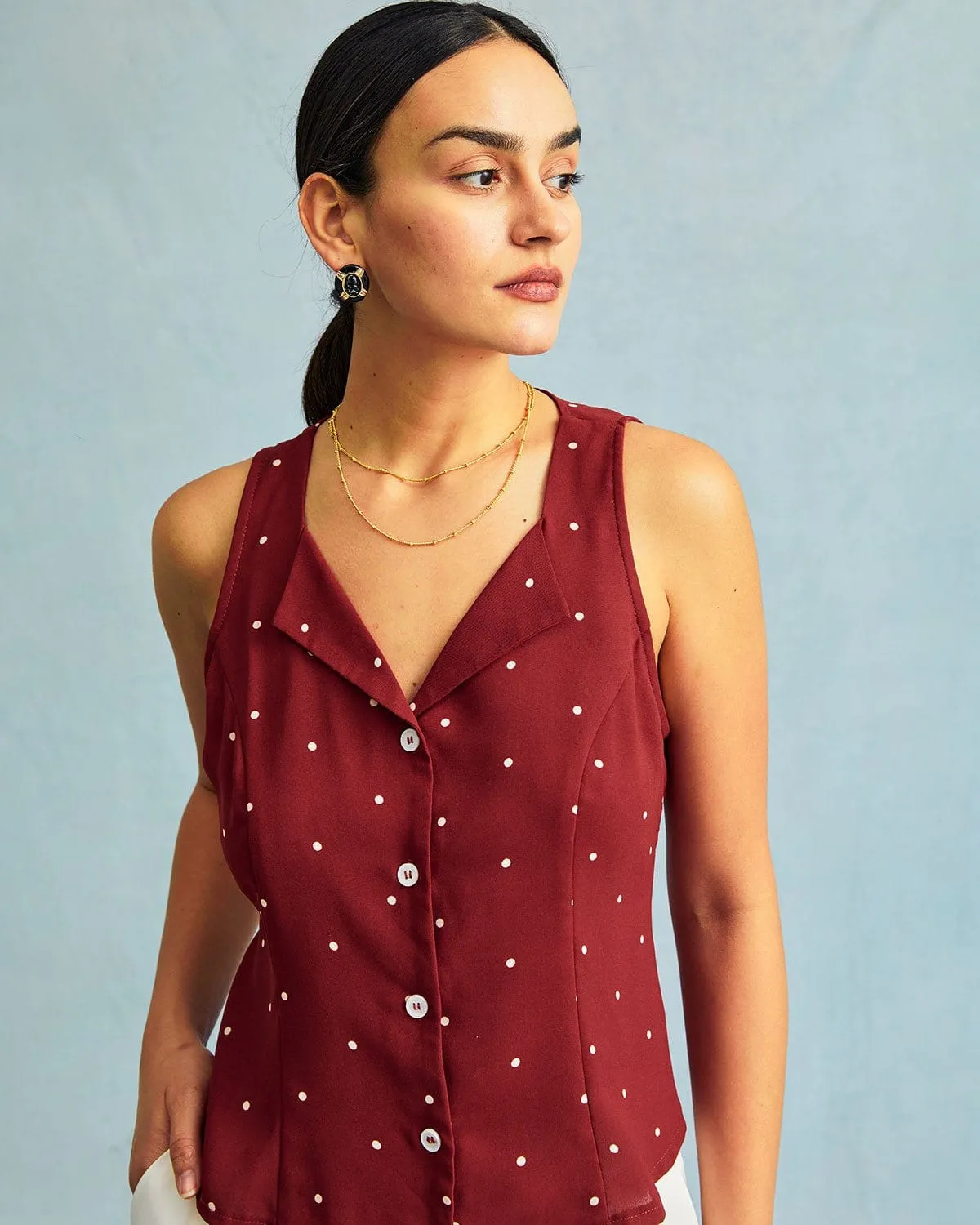 The Red V Neck Polka Dot Print Sleeveless Vest