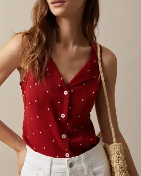 The Red V Neck Polka Dot Print Sleeveless Vest