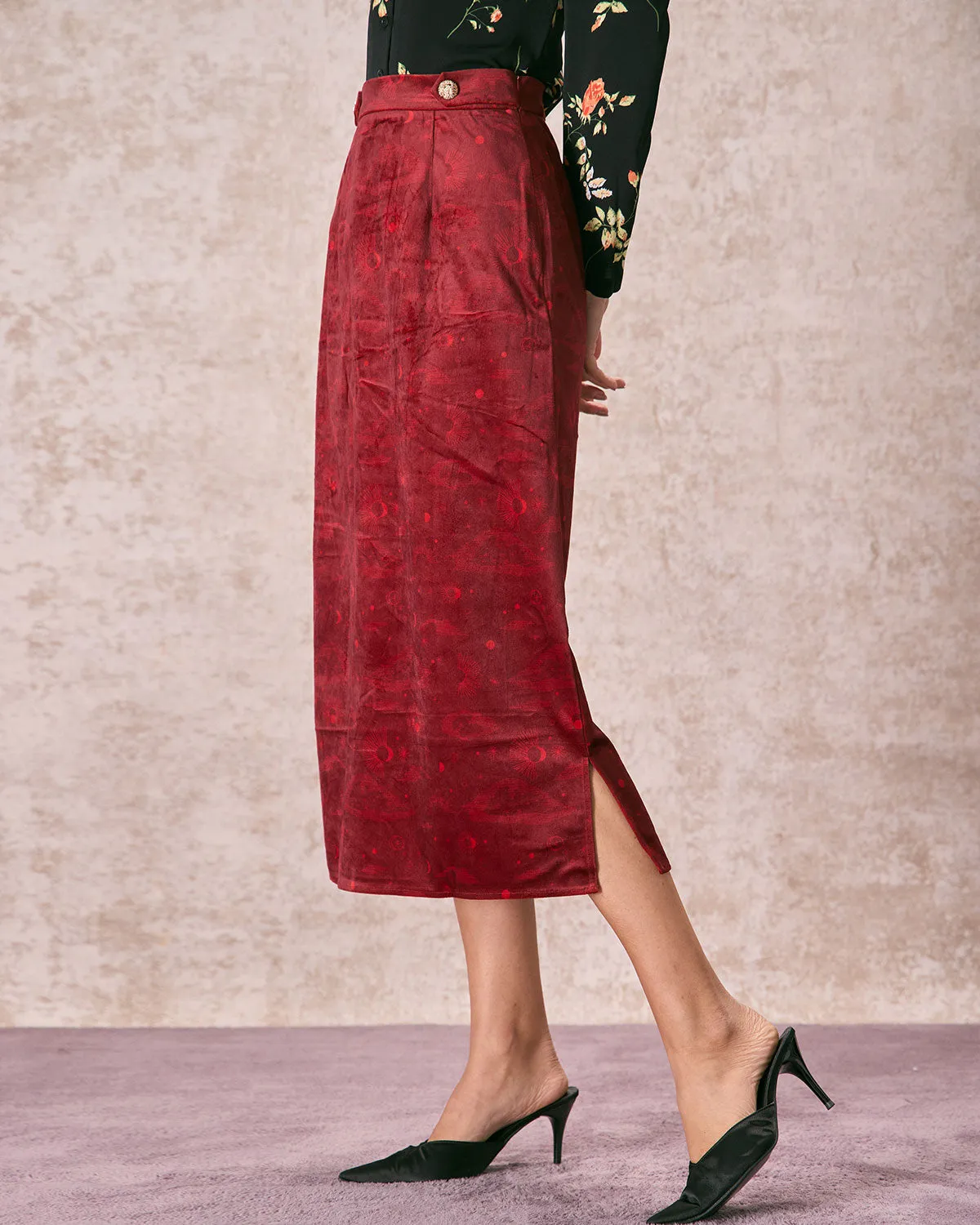 The Wine Red Split Hem Velvet Midi Skirt