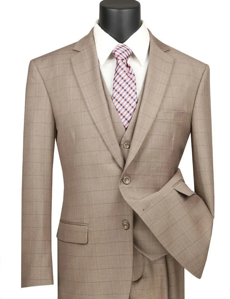 Vinca Collection- Tan Glen Plaid Three Piece Suit Regular Fit