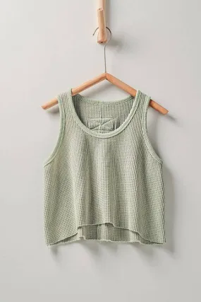 VINTAGE WASH CROP WAFFLE TANK TOP: SAGE LEAF