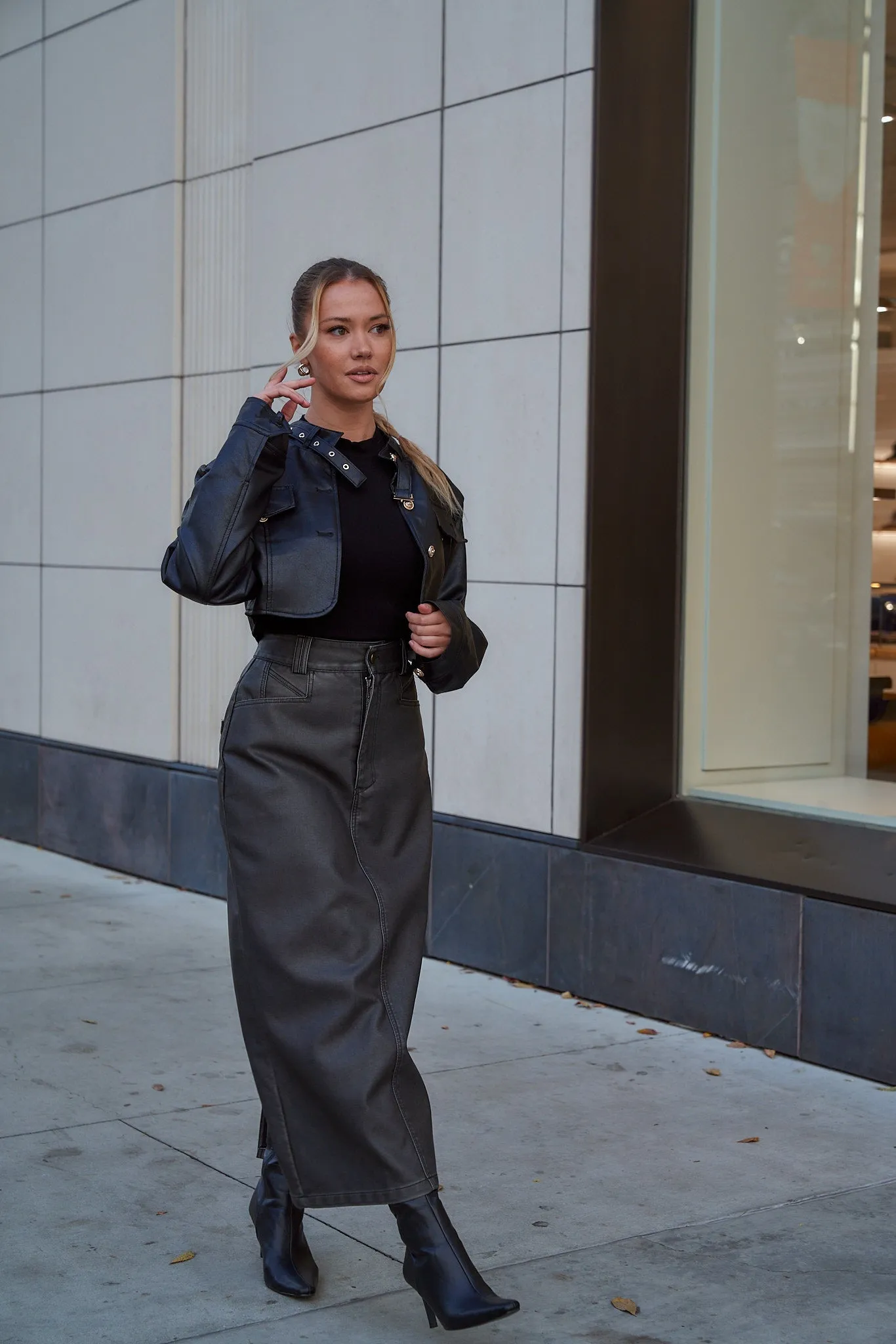 Washed Gray Leather Skirt