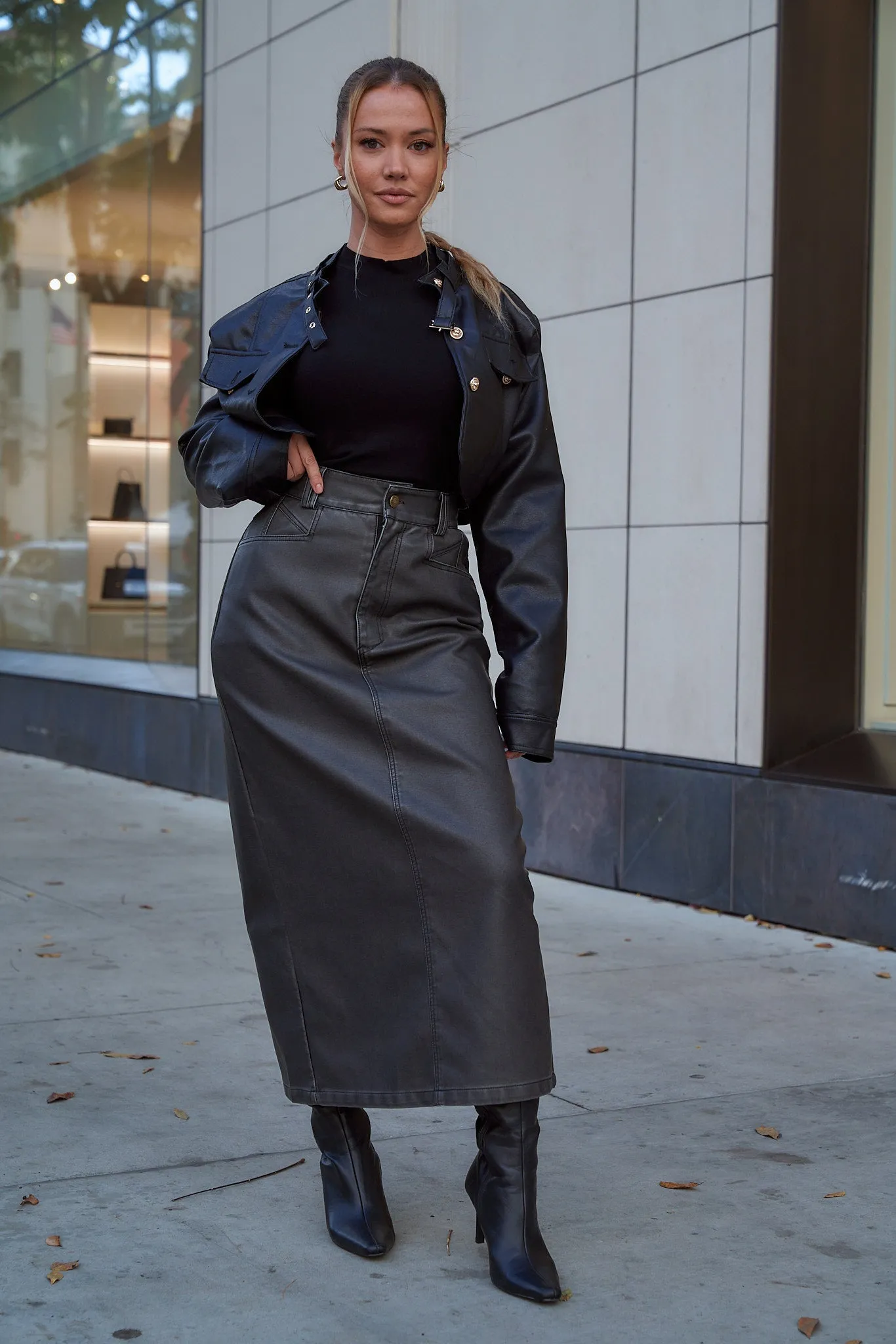 Washed Gray Leather Skirt