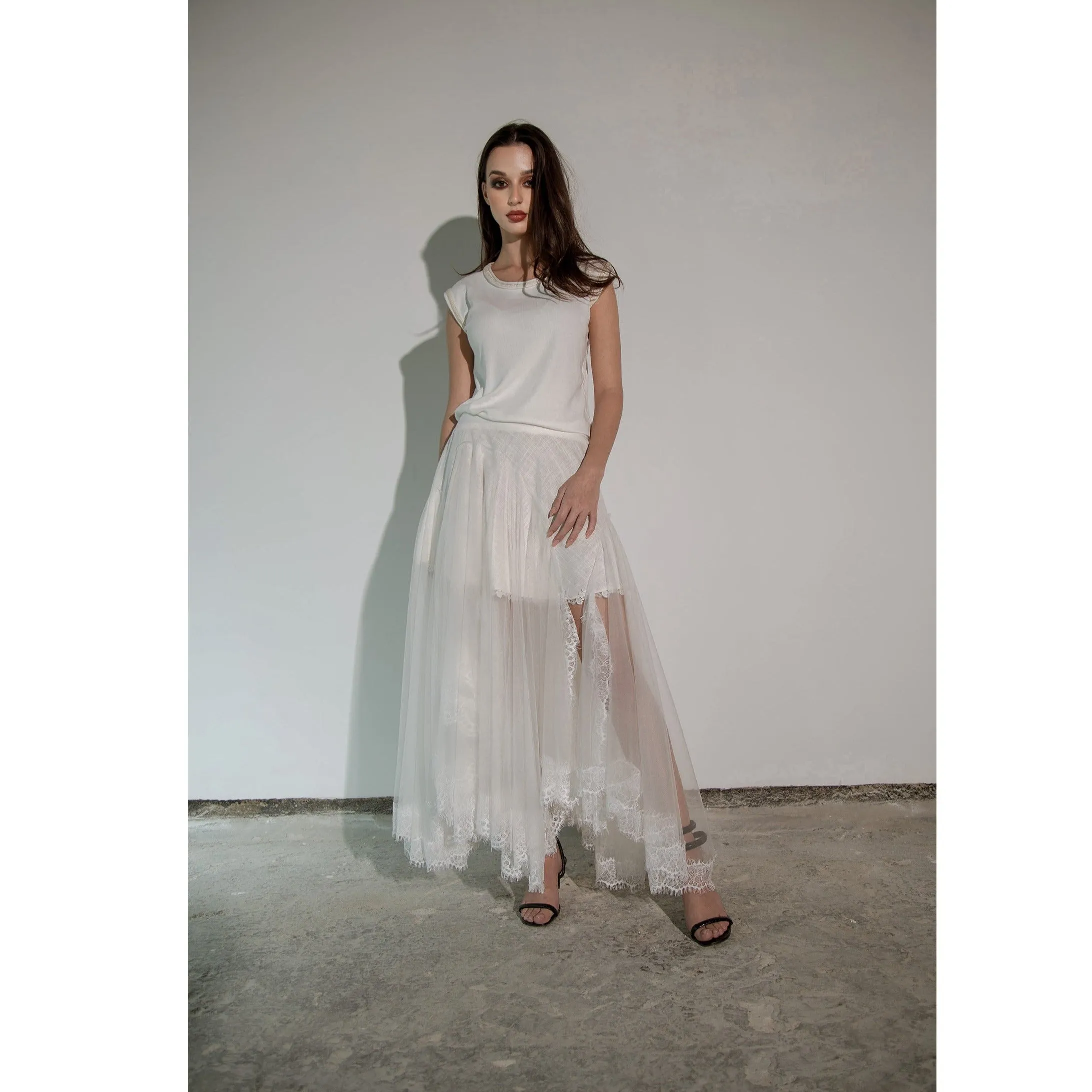 White Linen Skirt with Tulle and Lace