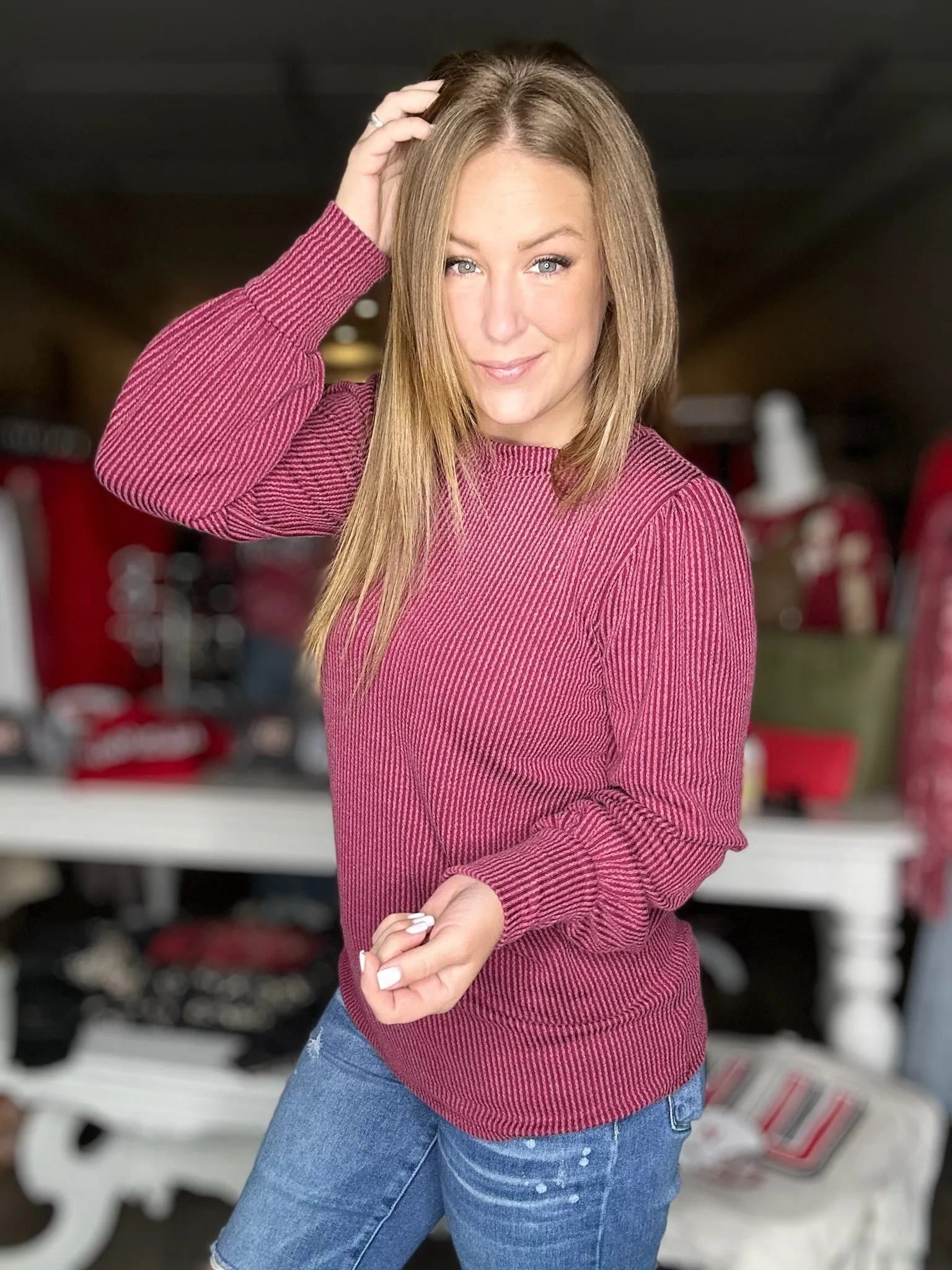 Wine Rib Knit Long Sleeve Top