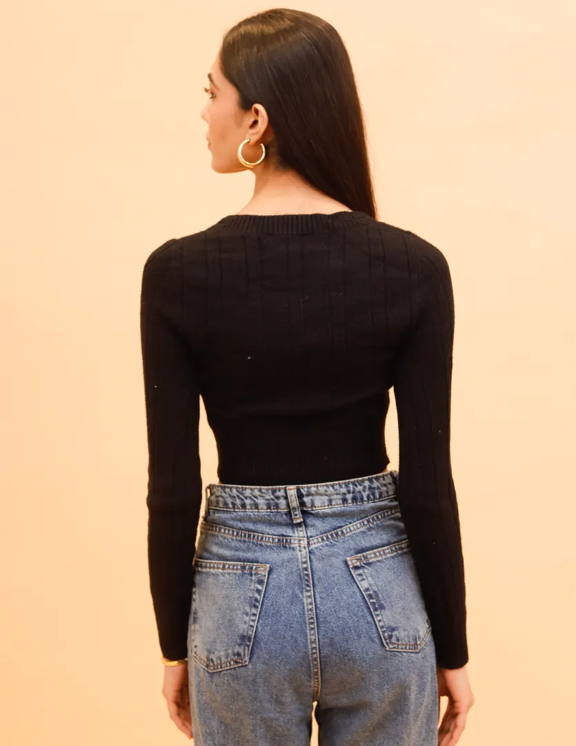 Women Black V Neck Long Sleeve Crop