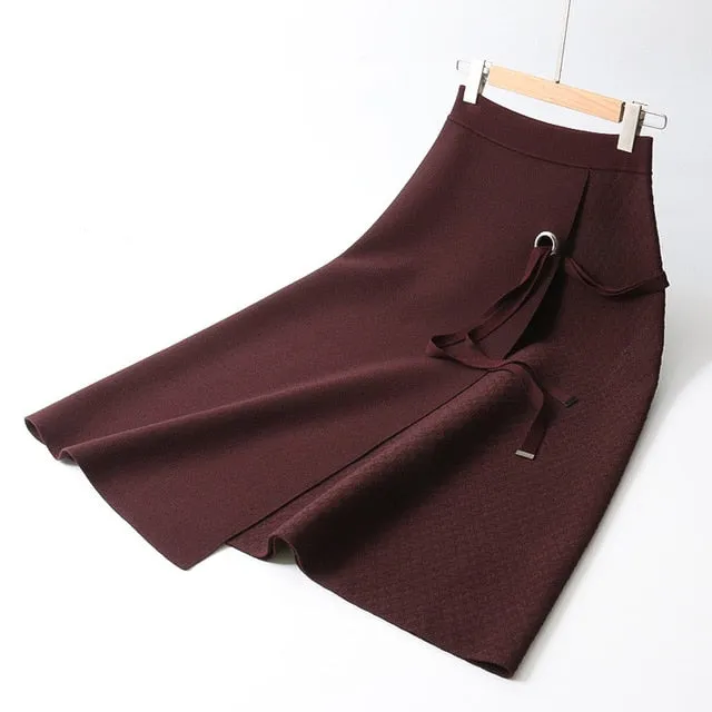 Women Knitted Midi Skirts Lace-Up Women High Waist Winter Skirts A-Line Saia Faldas Women Clothes