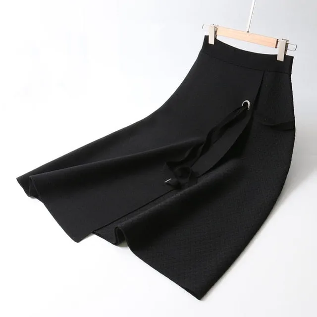 Women Knitted Midi Skirts Lace-Up Women High Waist Winter Skirts A-Line Saia Faldas Women Clothes