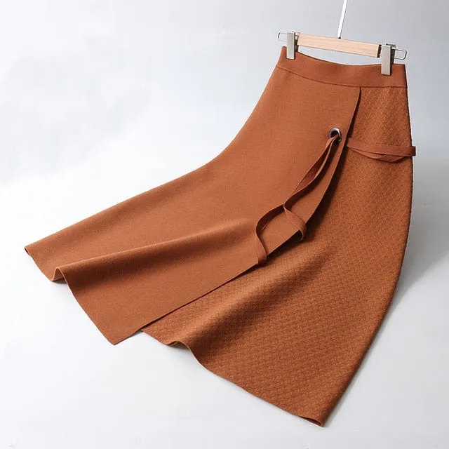 Women Knitted Midi Skirts Lace-Up Women High Waist Winter Skirts A-Line Saia Faldas Women Clothes