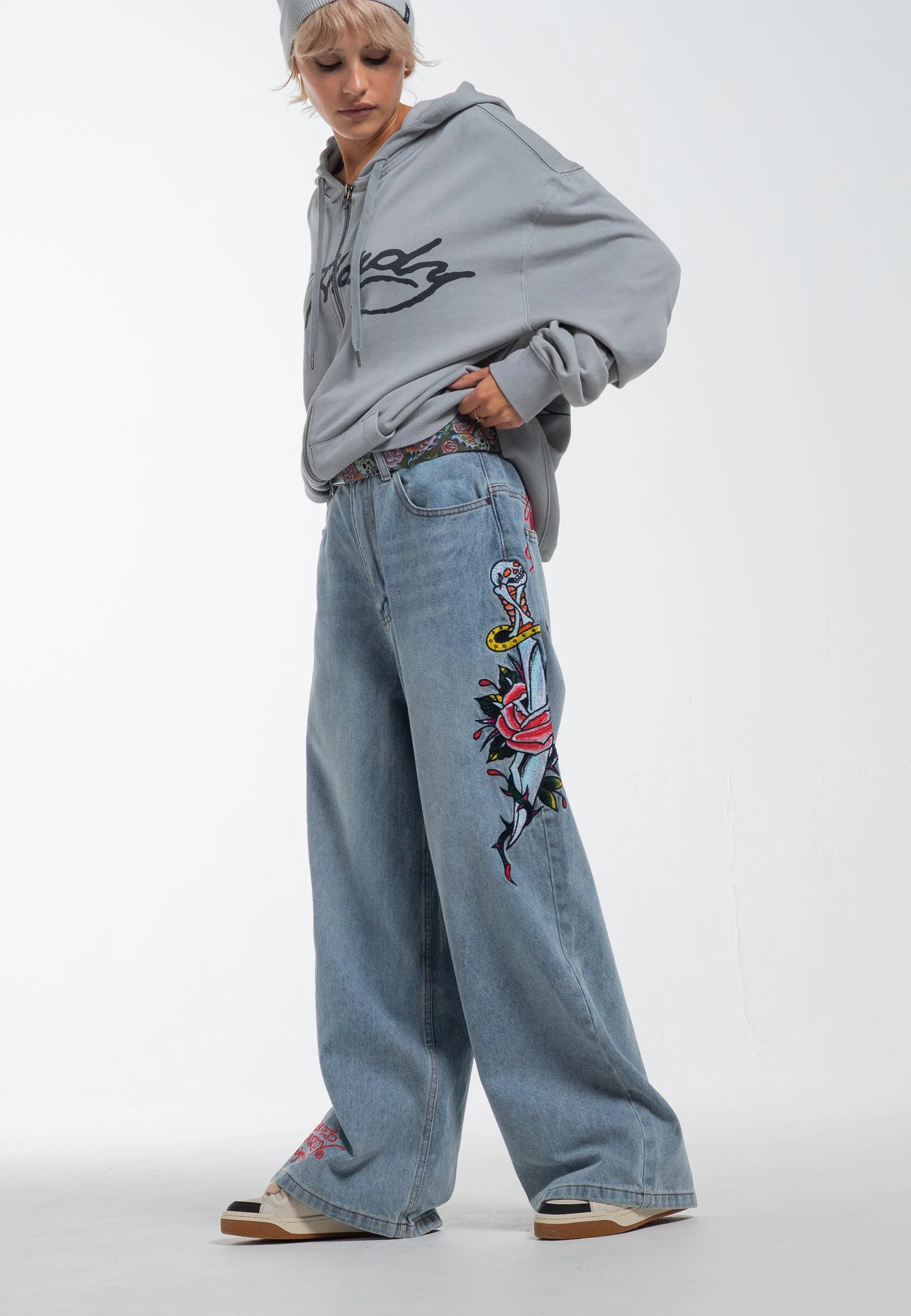 Womens Love Kills Xtra Oversized Denim Trousers Jeans - Bleach